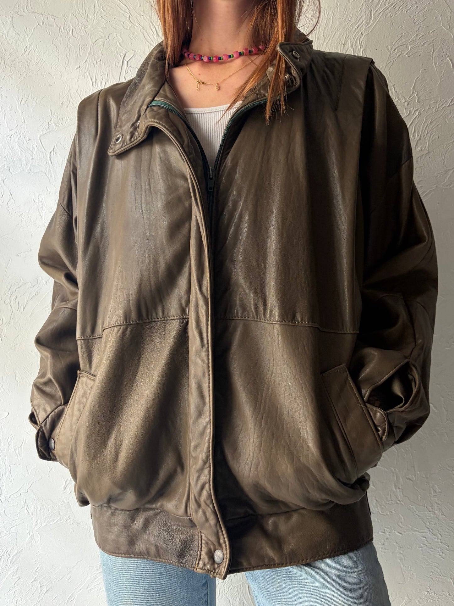 90s 'Le Chateau' Olive Green Leather Retro Bomber Jacket / Vintage 1990s Minimalist Street Wear Jacket / Medium/