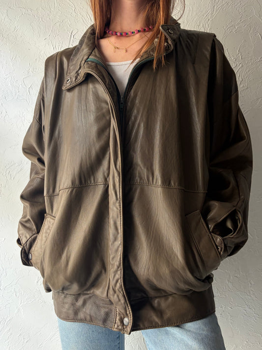 90s 'Le Chateau' Olive Green Leather Retro Bomber Jacket / Vintage 1990s Minimalist Street Wear Jacket / Medium/