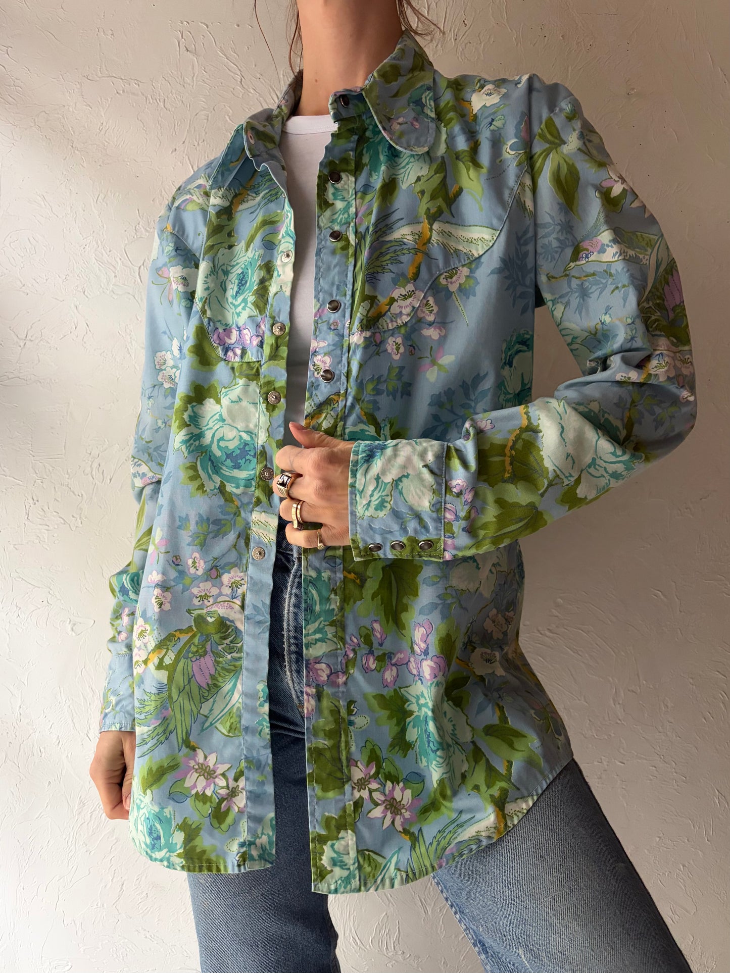 70s Vintage Floral Western Snap Up Shirt / Medium