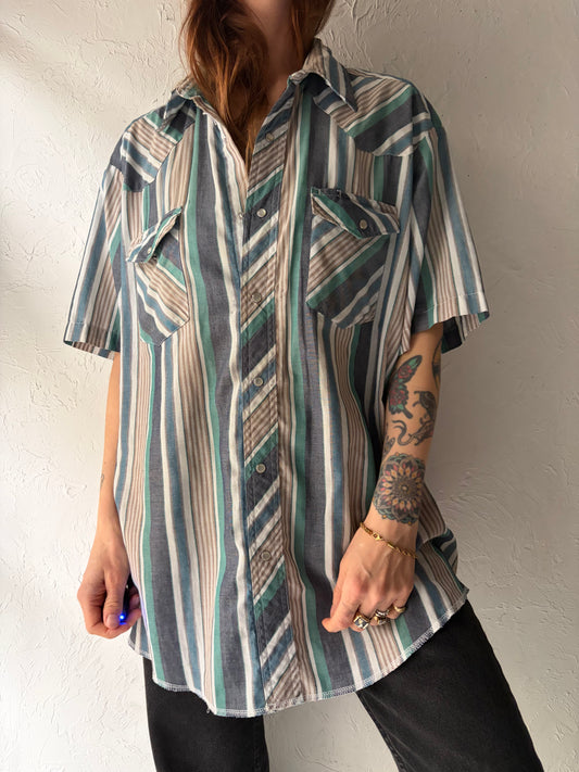 Y2k 'Wrangler' Striped Western Snap Up Short Sleeve Top / Vintage 2000s Cowboy Workwear Top / XL