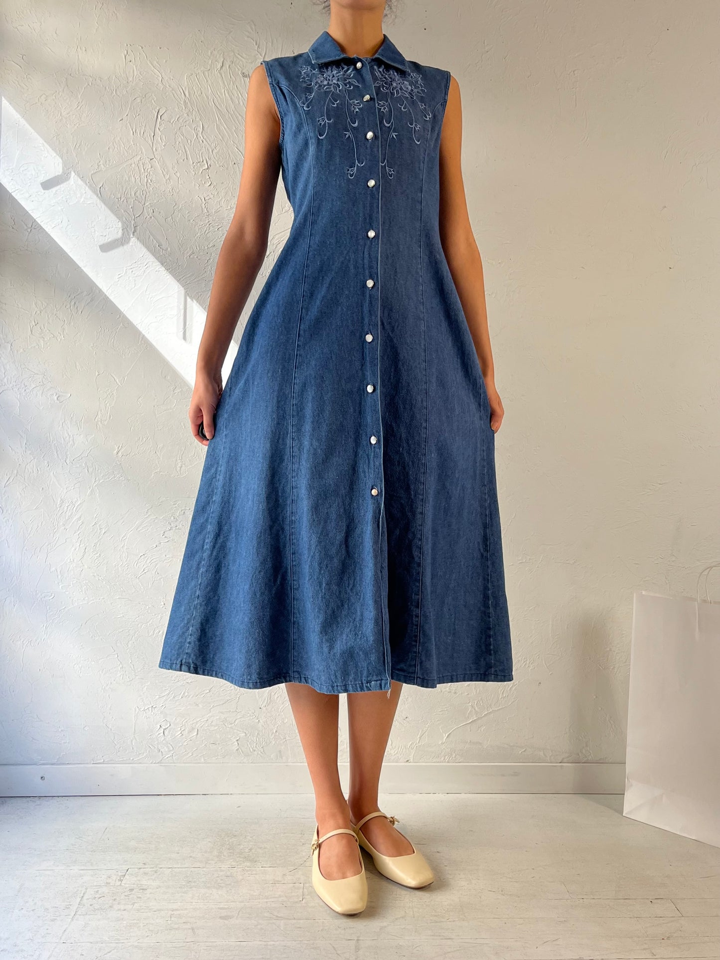 Y2K ‘Jessica’ Embroidered Collared Denim Maxi Dress / Medium