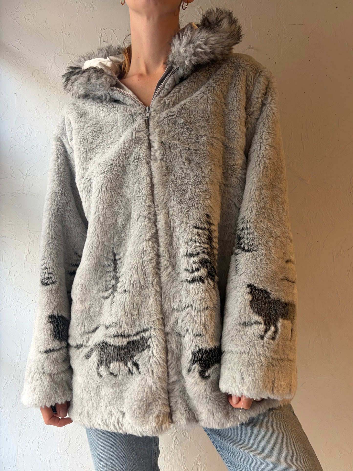 Y2k 'Northern Lifestyles' Faux Fur Hooded Jacket / Medium