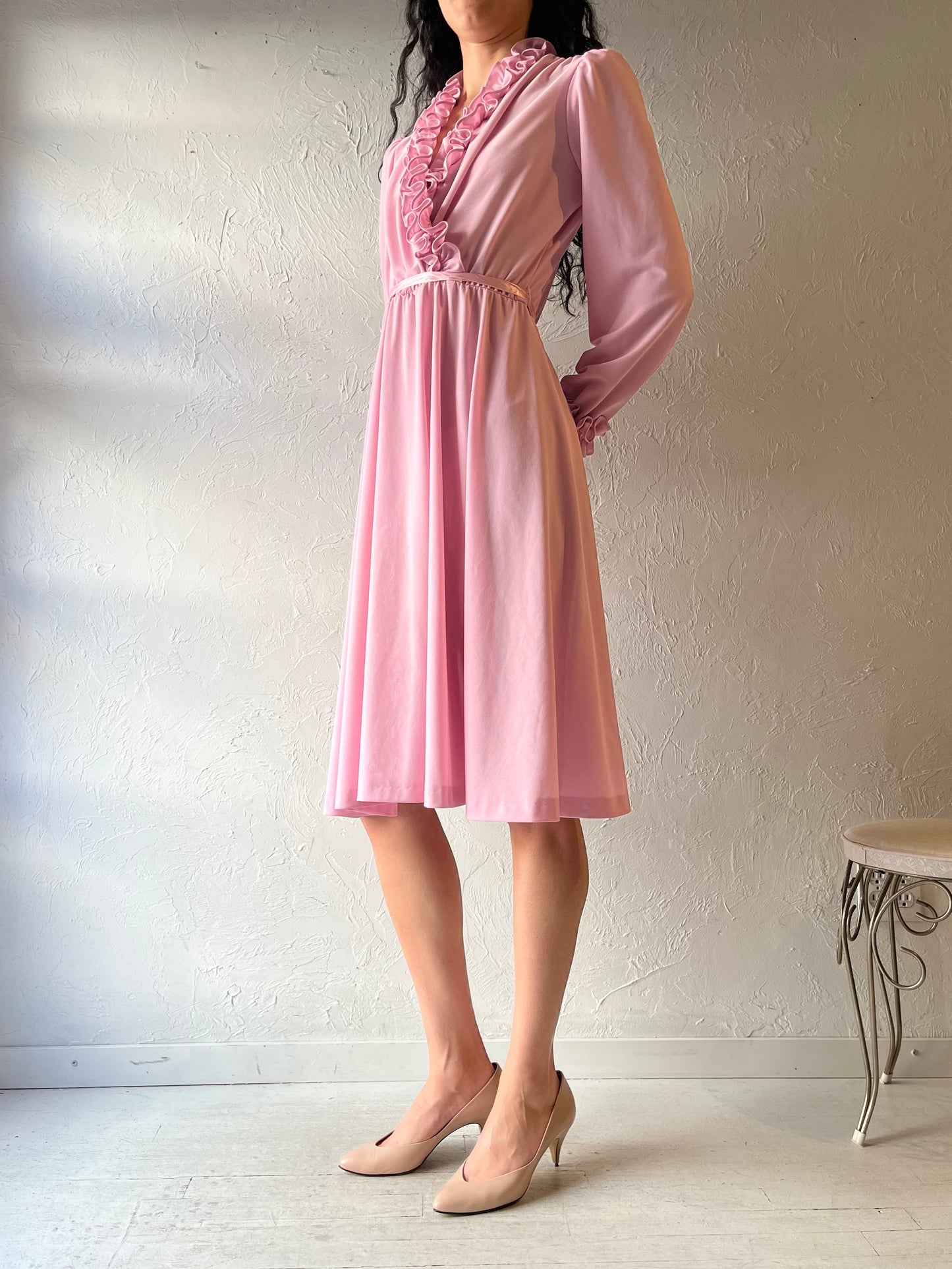 80s 'Lady Carol' Pink Ruffle Long Sleeve Dress / Medium