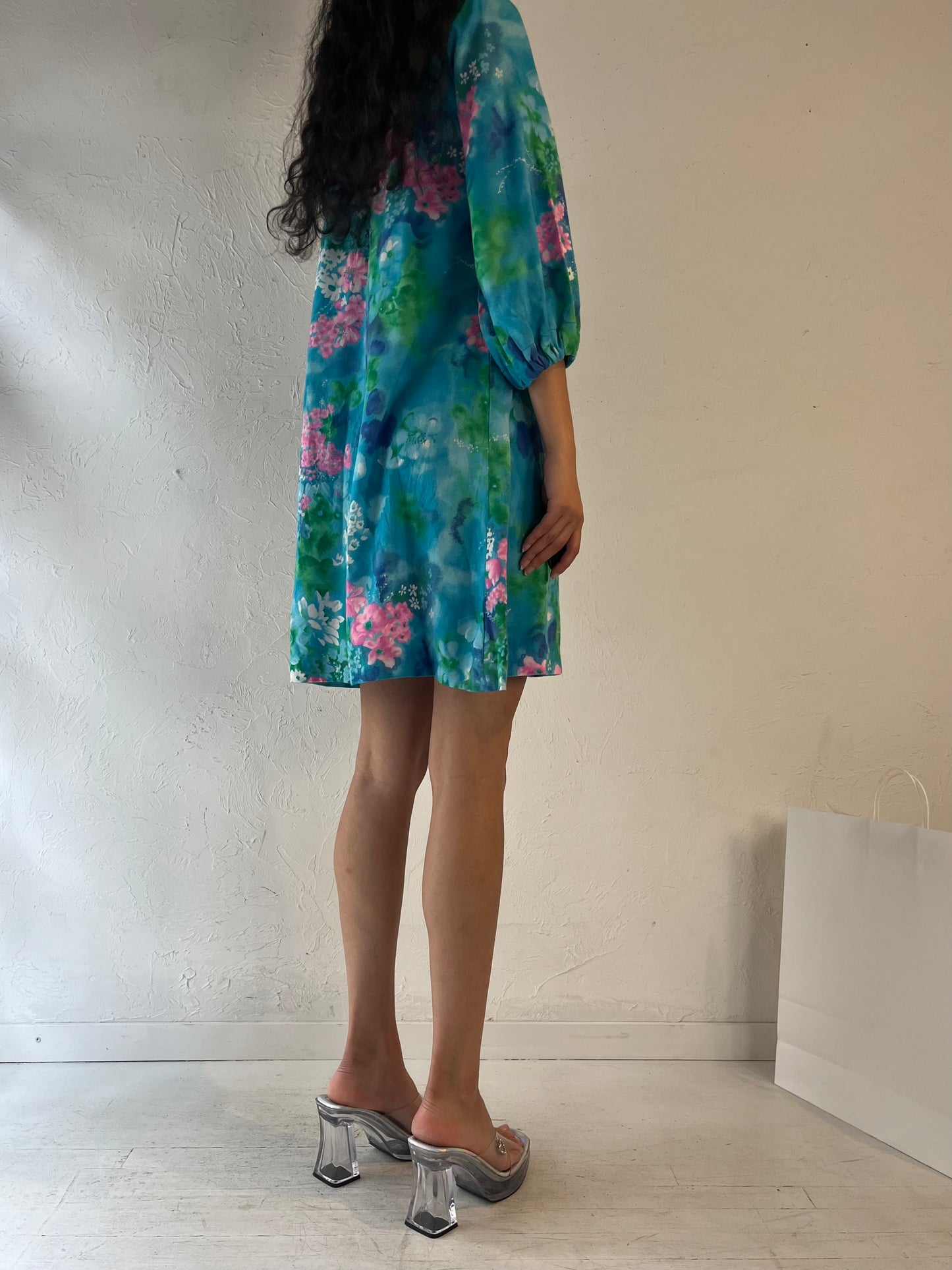 70s Handmade Blue Floral Shift Dress / Small