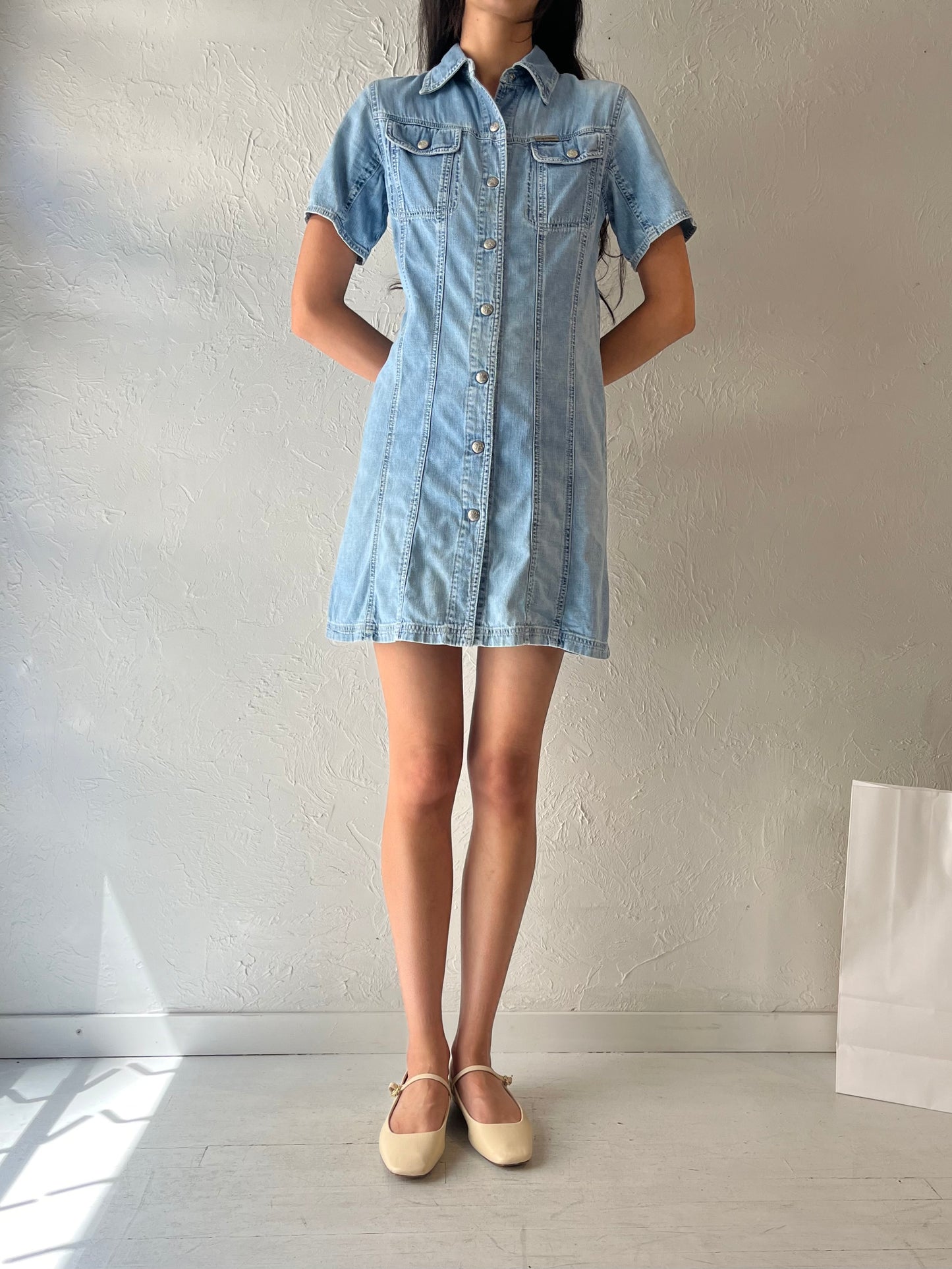 90s 'Calvin Klein' Button Up Denim Mini Dress / Medium