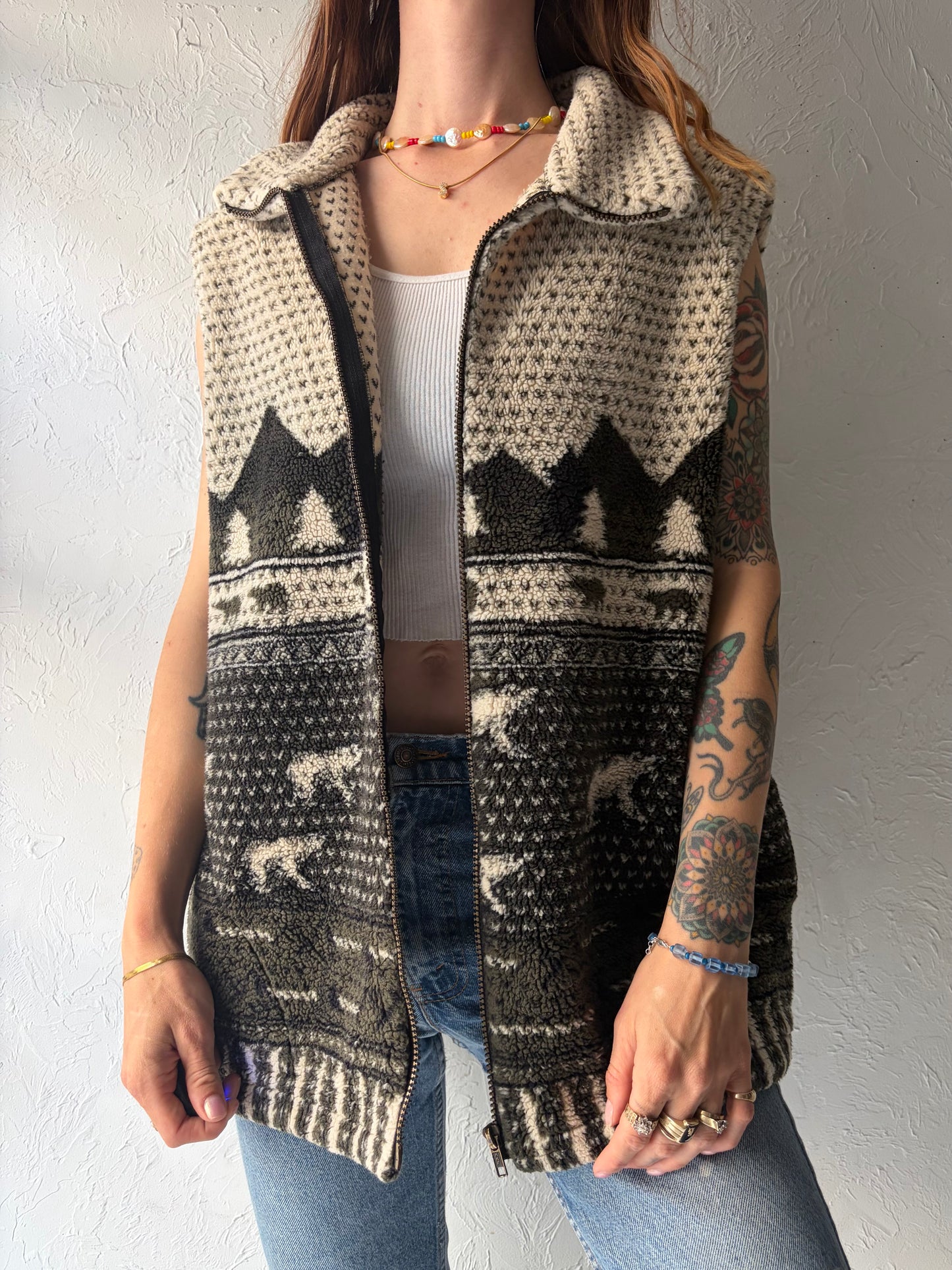 80s 'Marshlands' Animal Print Fleece Outdoor Winter Vest / Large