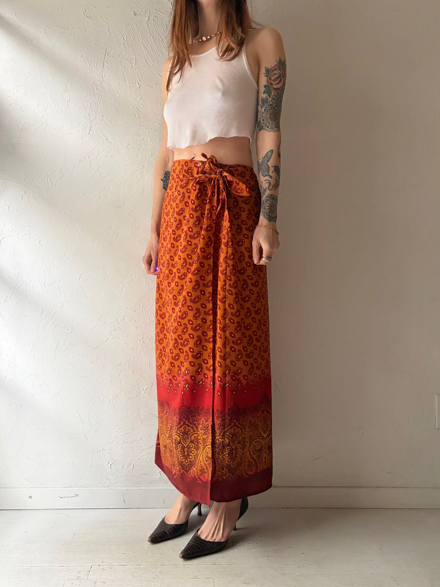 90s 'Karen Scott' Orange Patterned Hippie Boho Wrap Maxi Skirt / Small