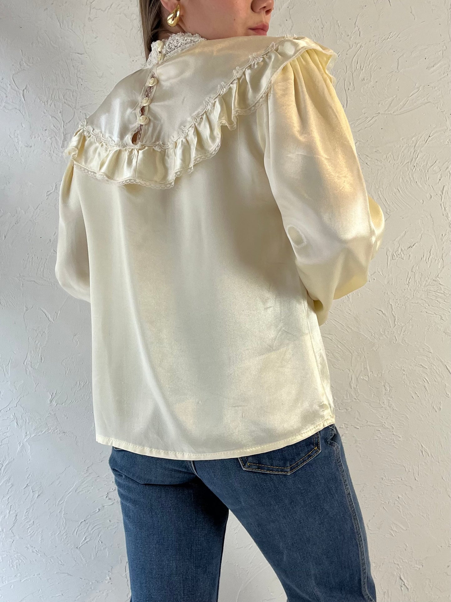 70s ‘Jessica Gunnies’ Cream Silky Peasant Blouse / Small - Medium