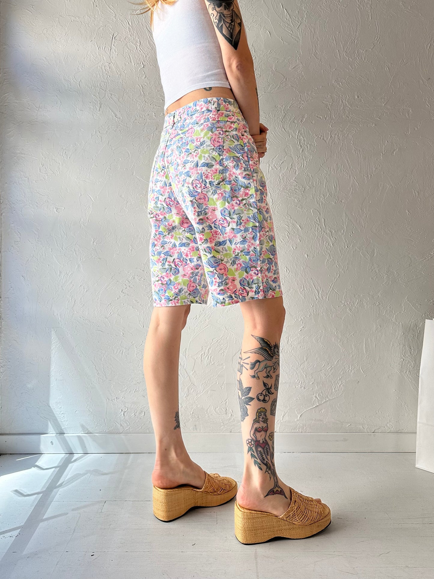 90s 'In Clothes' Floral Print Denim Shorts / Medium