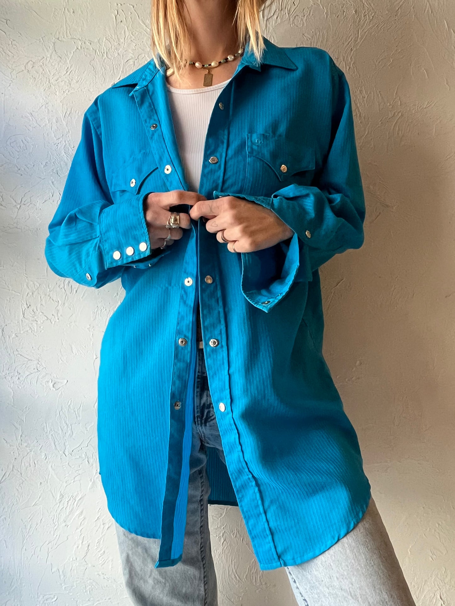 80s ‘MWG’ Blue Pearl Snap Western Shirt / Large