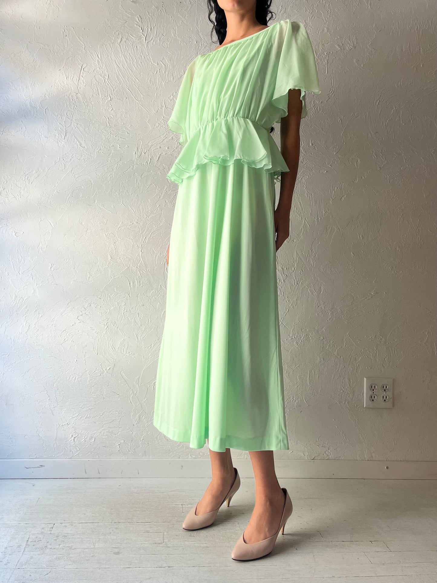70s 'Nu Mode' Green Formal Dress / Small