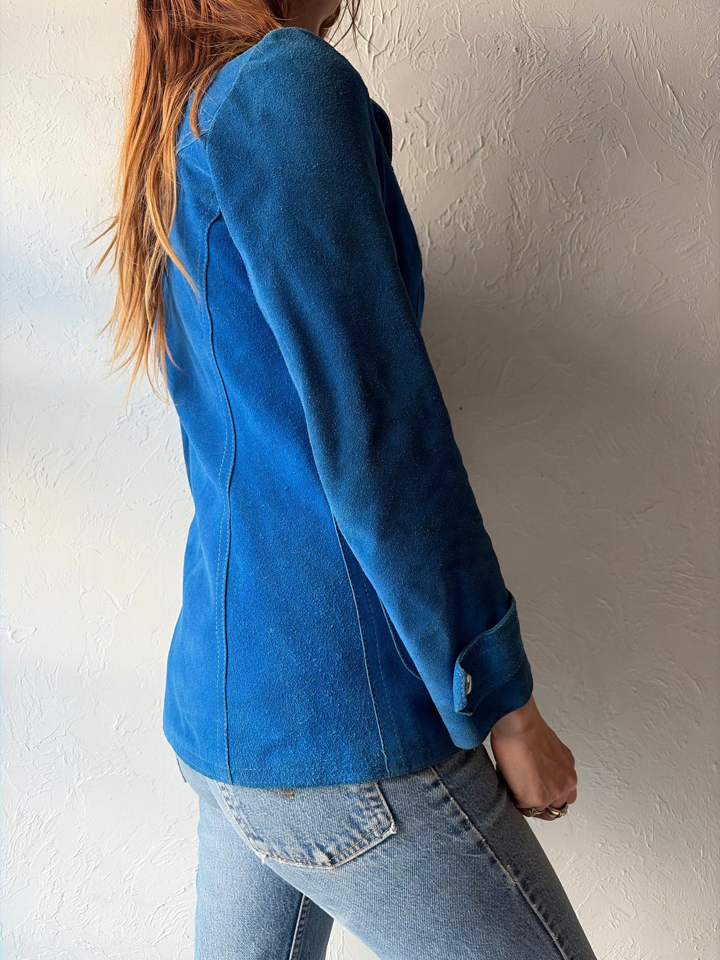 70s Blue Suede Leather Snap up Retro Jacket / XS