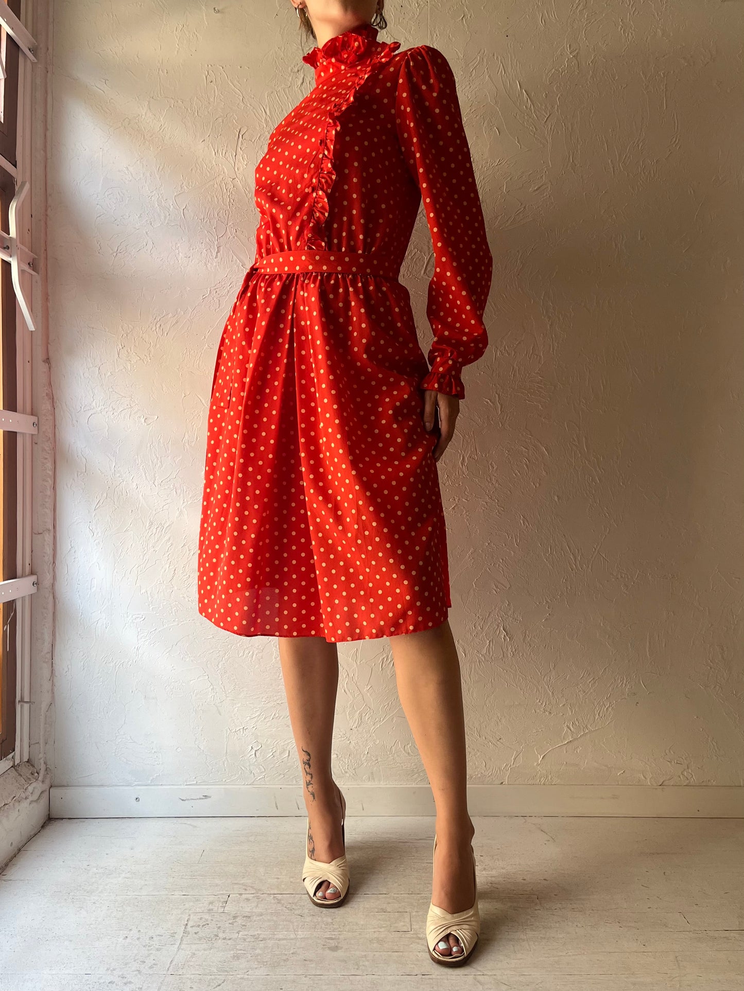 80s 'Benee' Red Polka Dot Long Sleeve Casual Midi Spring Dress / Medium
