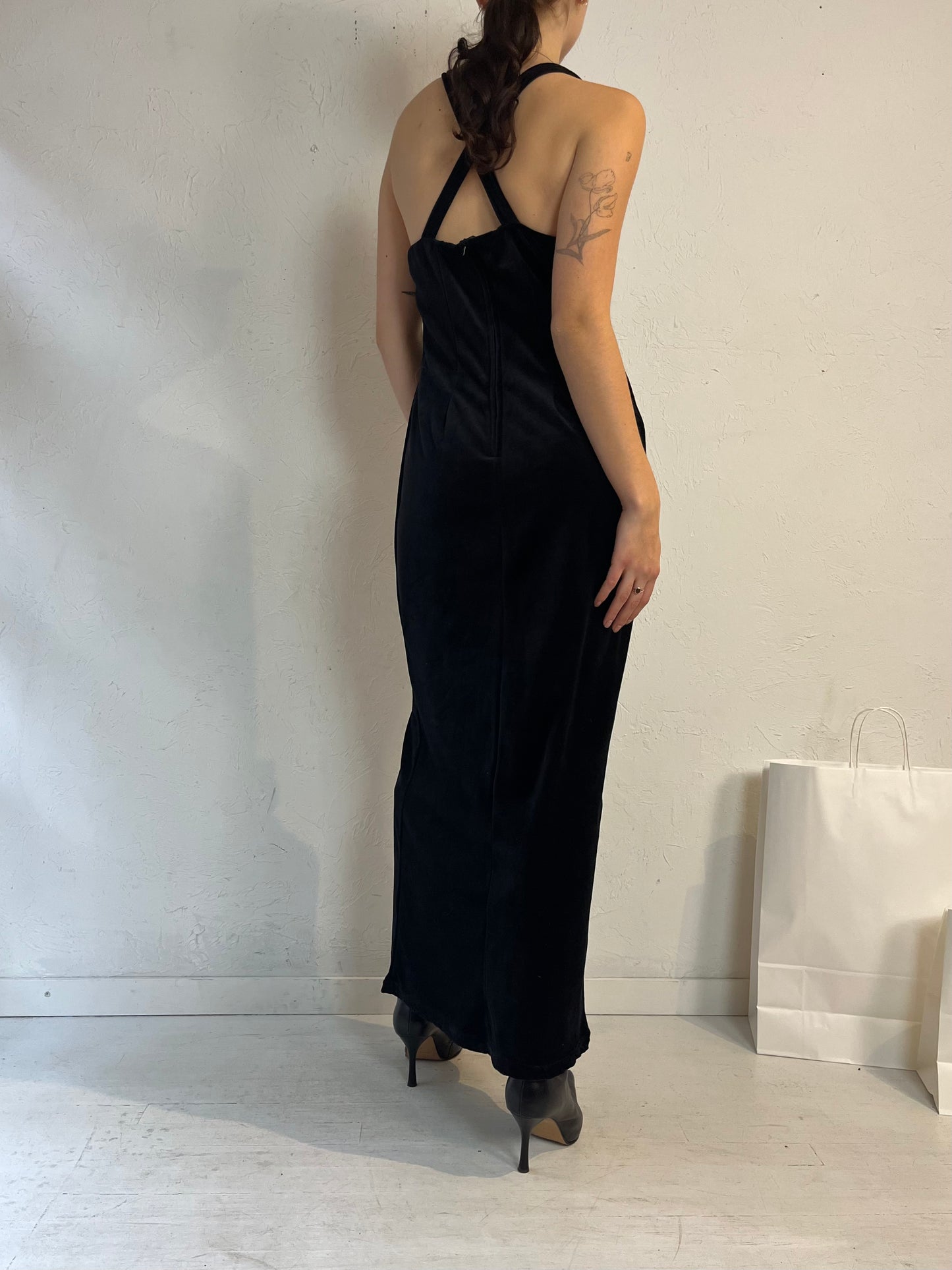 90s 'Tempo' Black Velvet Evening Dress / Small - Medium