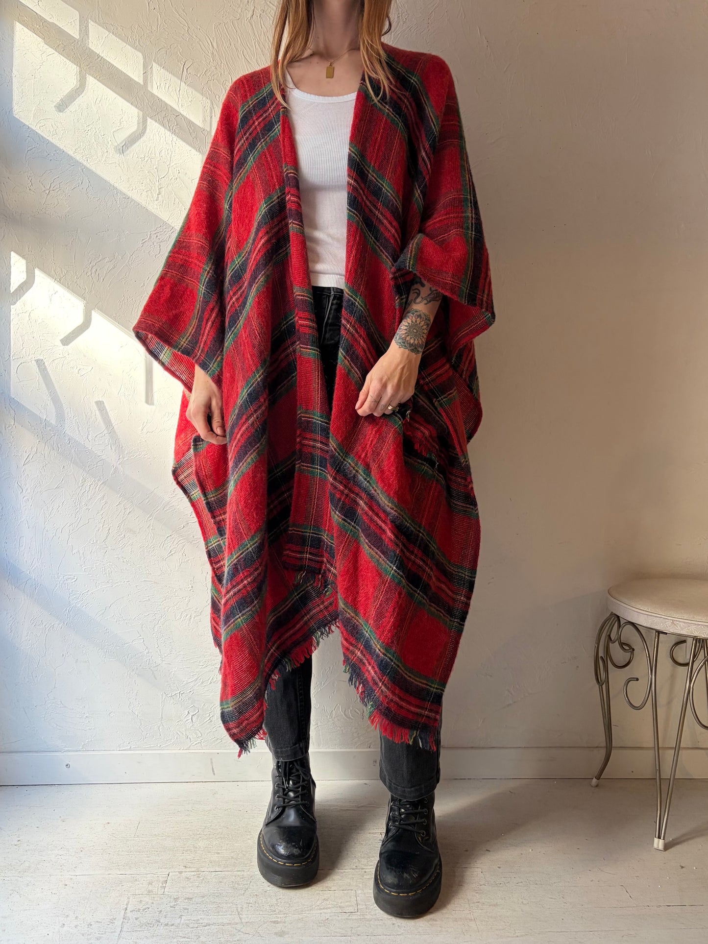 90s 'Proportion Petite' Plaid Mohair Blend Poncho / One Size