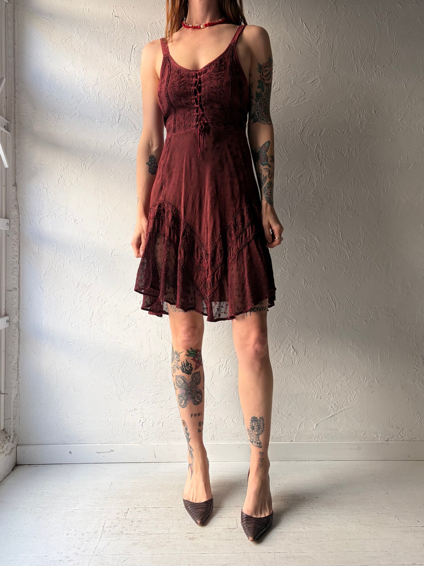 Y2k 'My Choice' Burgundy Fairycore Summer Dress / Vintage 2000s Boho Hippie Mini Dress / Large