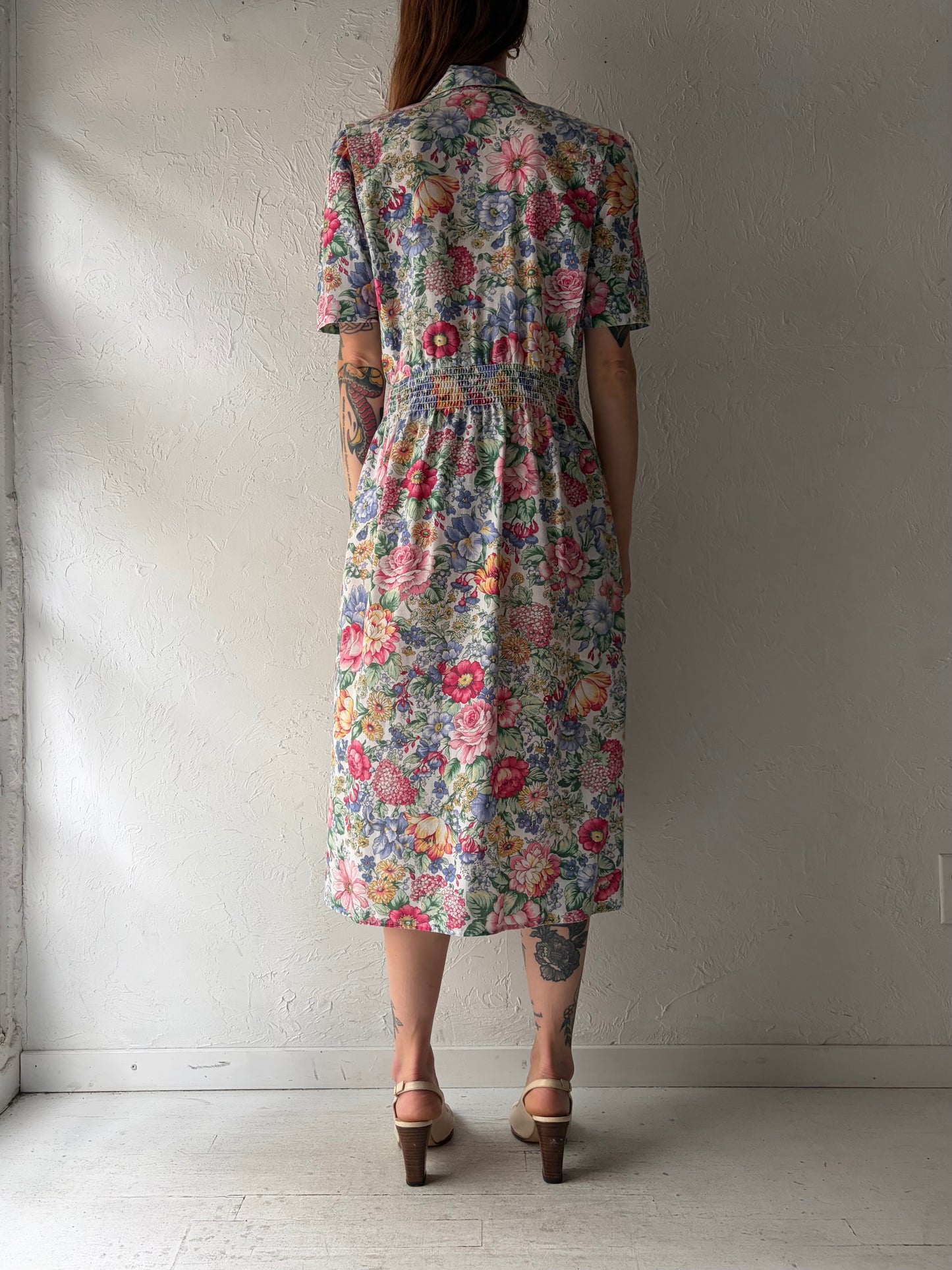 80s 'Stuart Alan' Collared Floral Print Dress / Medium