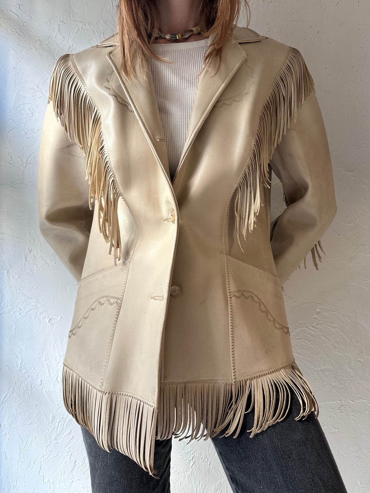 70s 'Pioneer Wear' Beige Faux Leather Fringe Jacket / Small