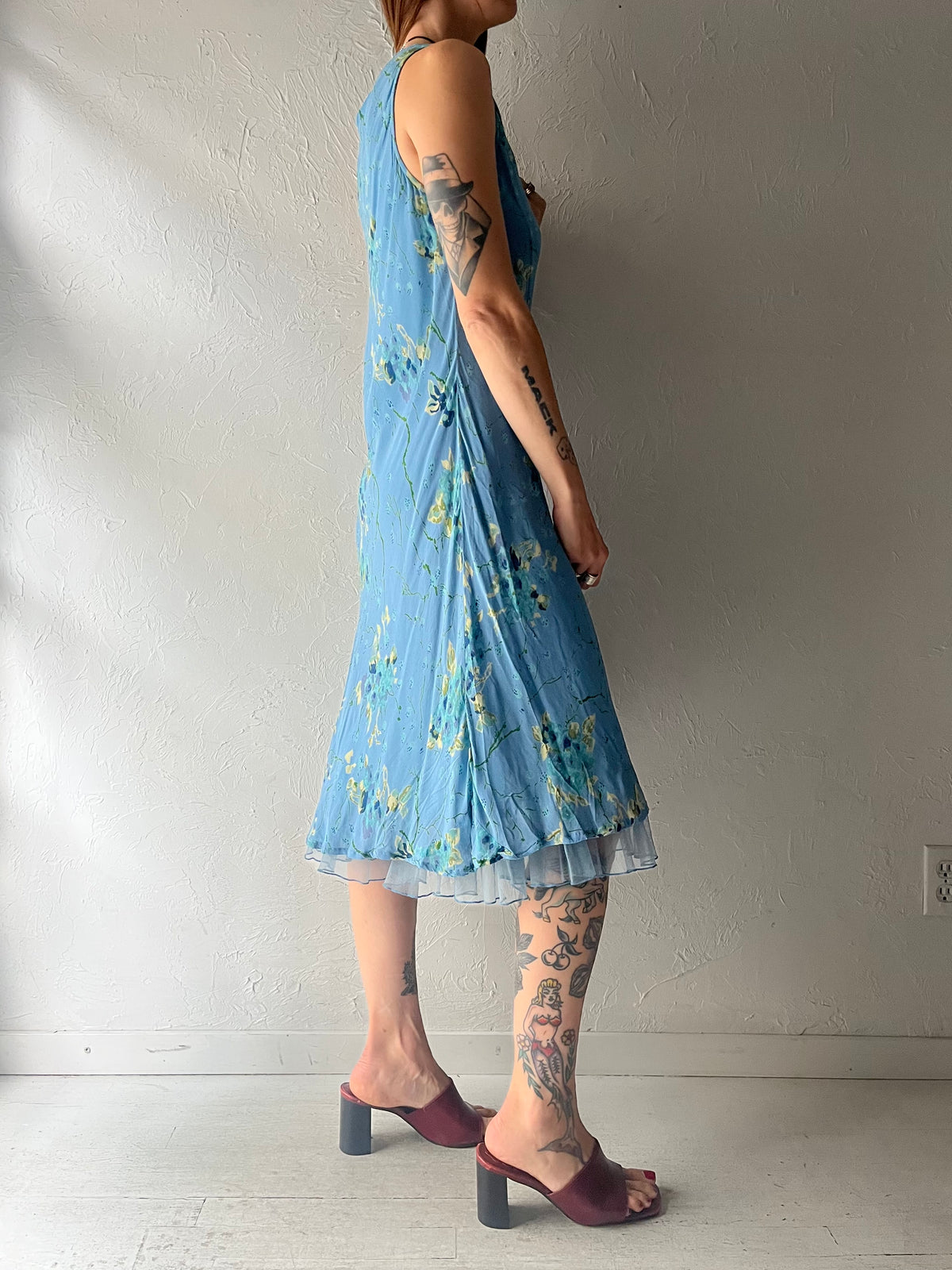 90s 'April Cornell' Blue Floral Grungecore Cottagecore Midi Dress / Small