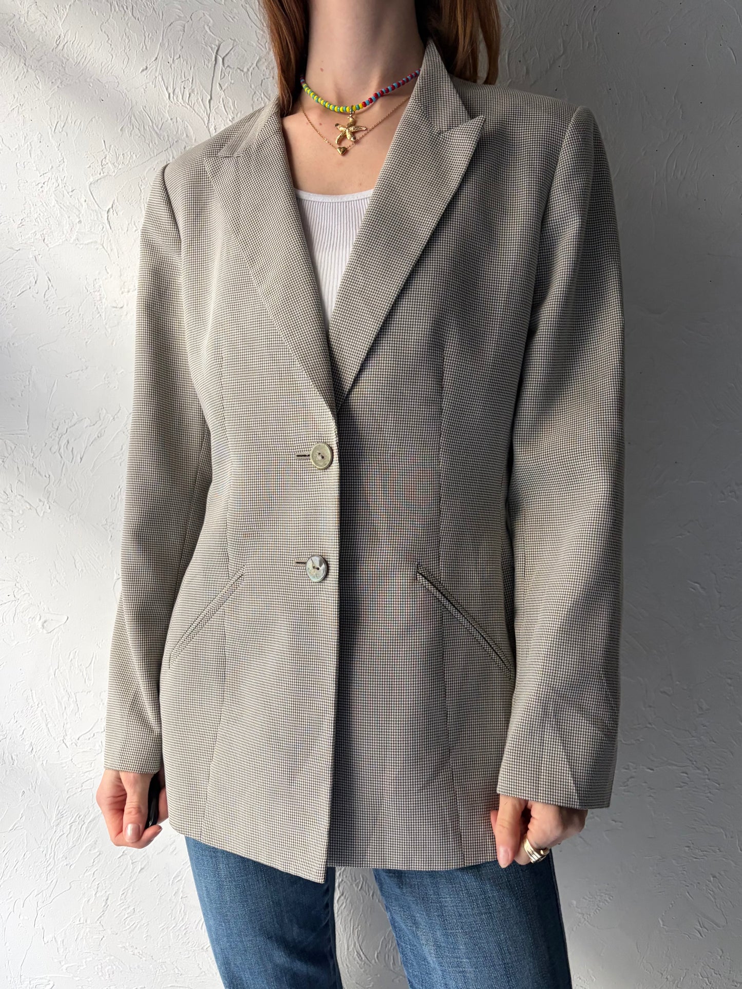 90s 'Le Suit' Grey Gingham Blazer Jacket / Medium