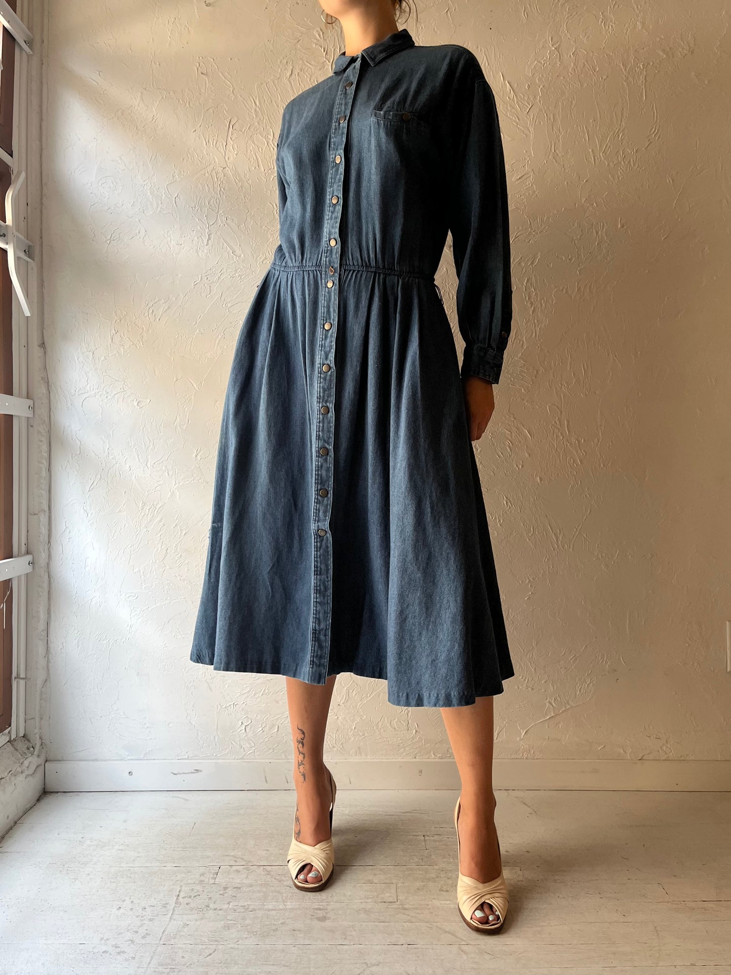 90s 'Alain Toussaint' Denim Western Cowgirl Long Sleeve Snap Up Cottagecore Dress / Medium