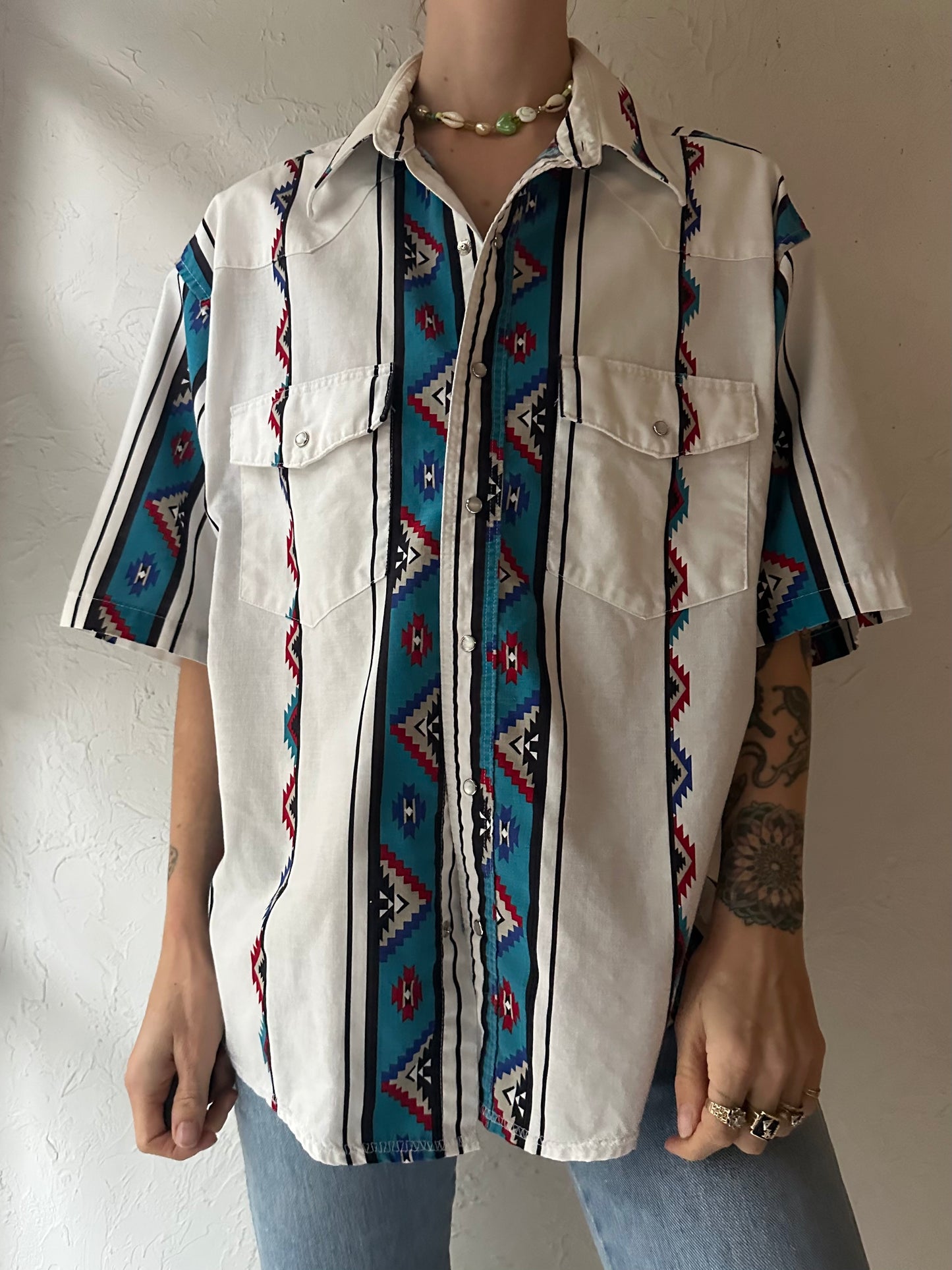 90s 'Wrangler' Aztec Snap Up Western Shirt / Large