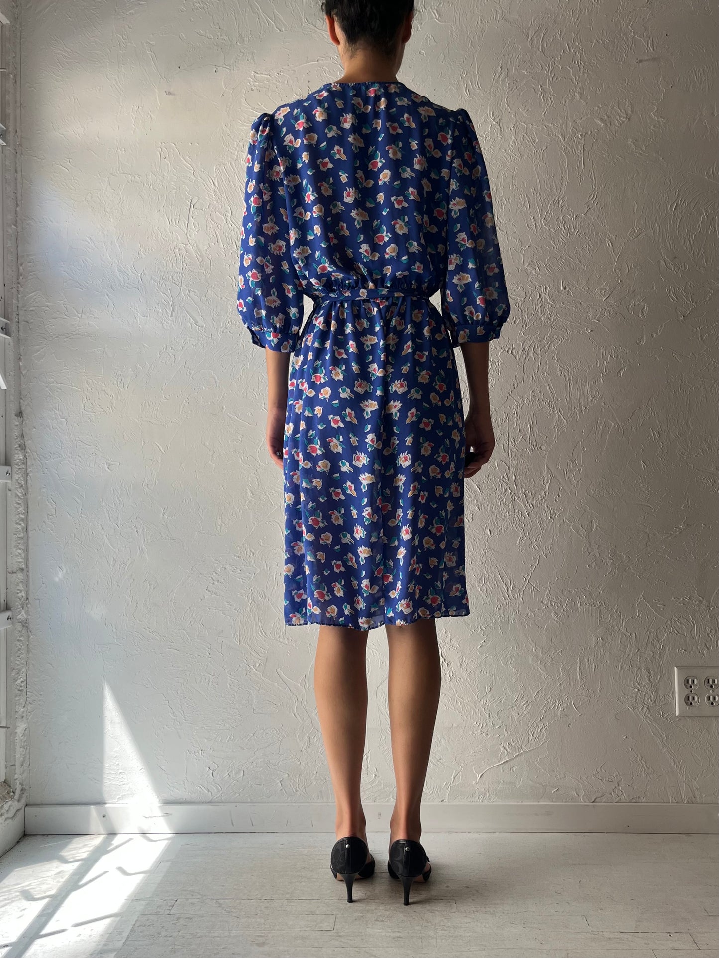 80s 'Tabby' Blue Patterned Summer dress / Vintage 1980s Floral Cottagecore Boho Picnic Midi Dress / Medium