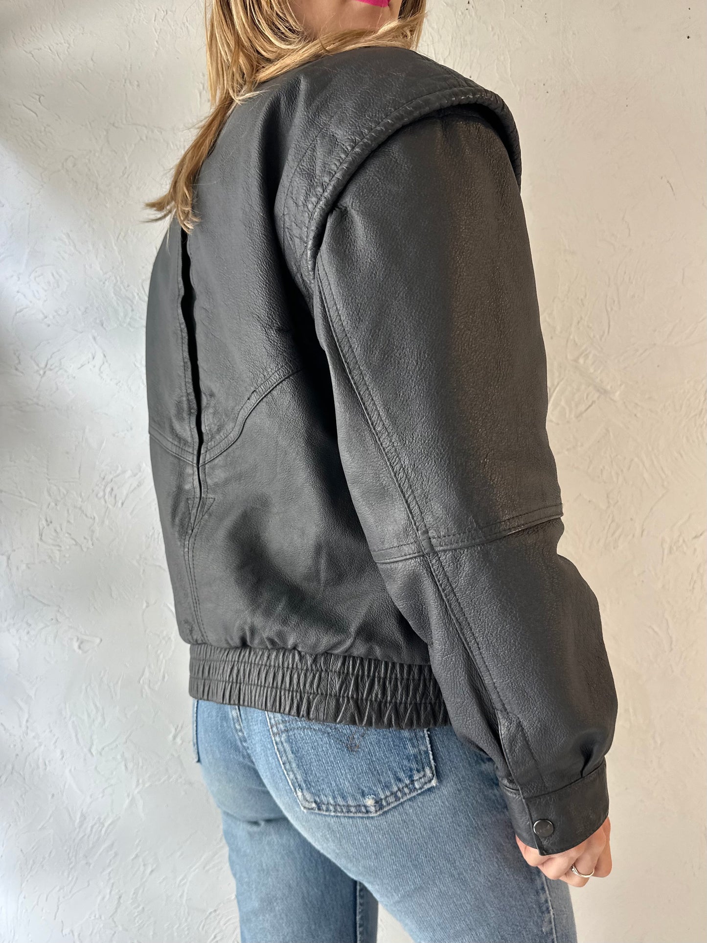 90s 'Phase 2' Faux Fur Lined Gray Leather Jacket / Small
