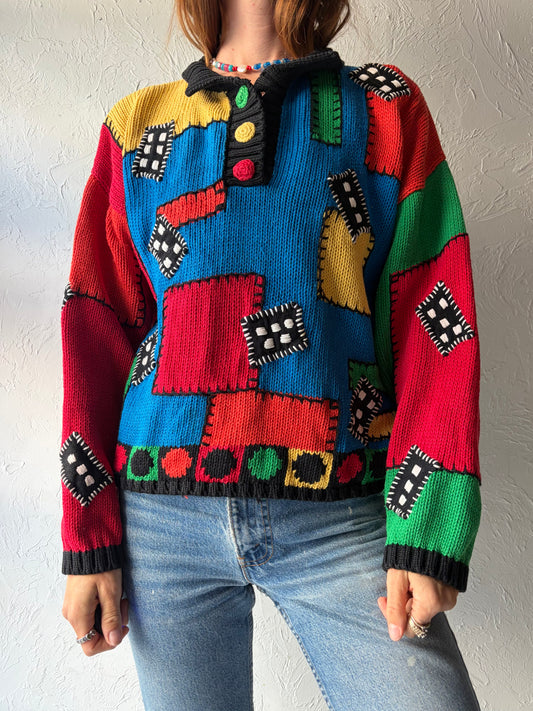90s 'RIR' Color Block Cotton Sweater / Small