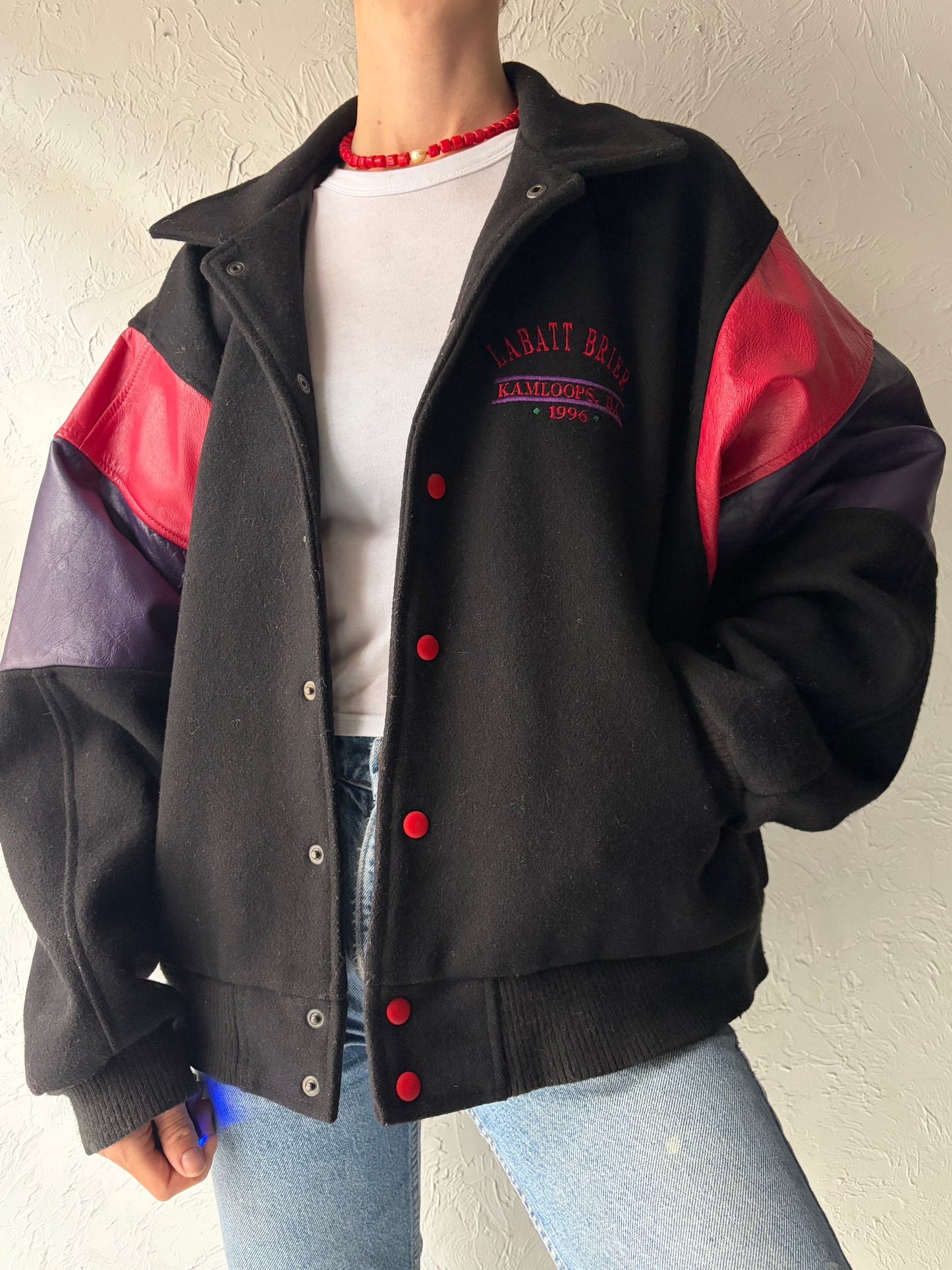 90s 'Labatt' Leather Wool Bomber Jacket / Medium