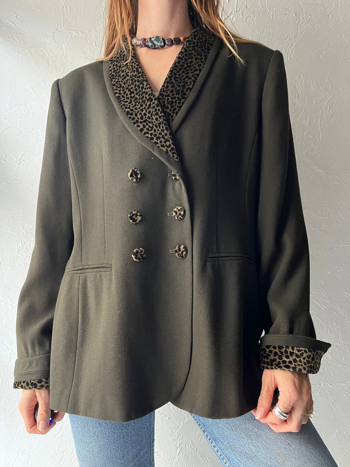 Y2k ‘Kasper A.S.L.’ Olive Green Leopard Trim Double Breasted Blazer Animal Print Statement Jacket / Large