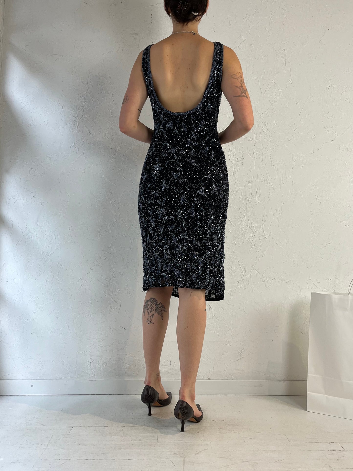 90s 'Stenay' Black Beaded Dress / Large