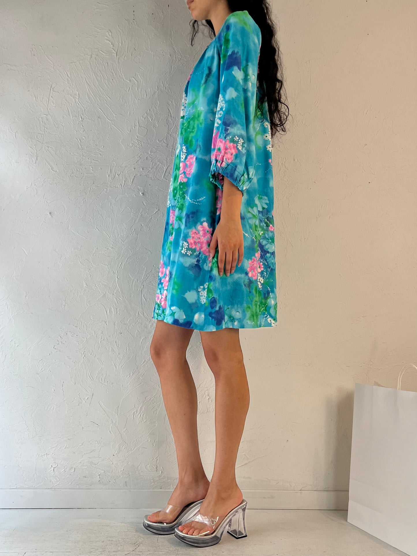 70s Handmade Blue Floral Shift Dress / Small