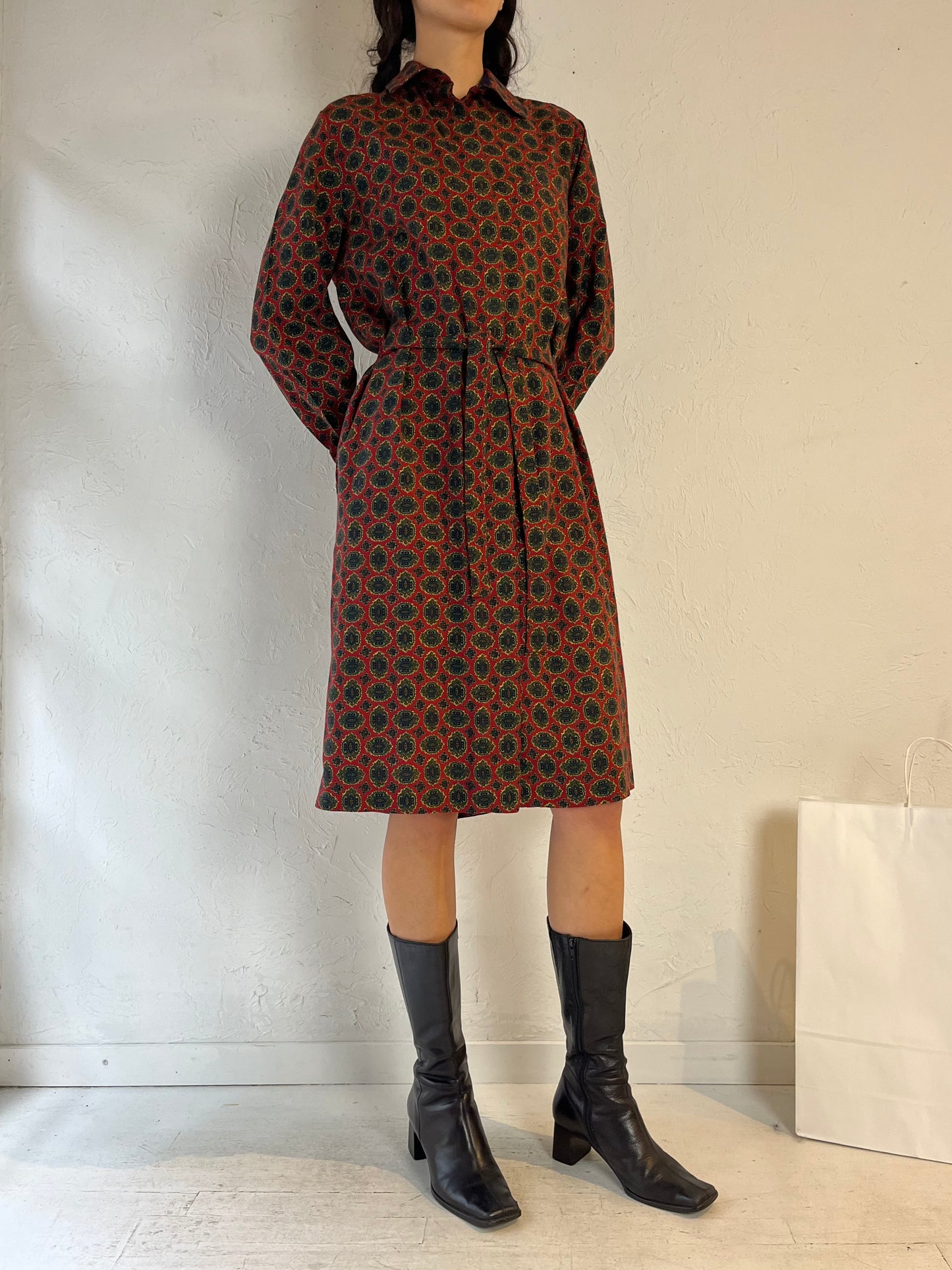 90s ‘Schrader’ Long Sleeve Patterned Midi Dress / Medium