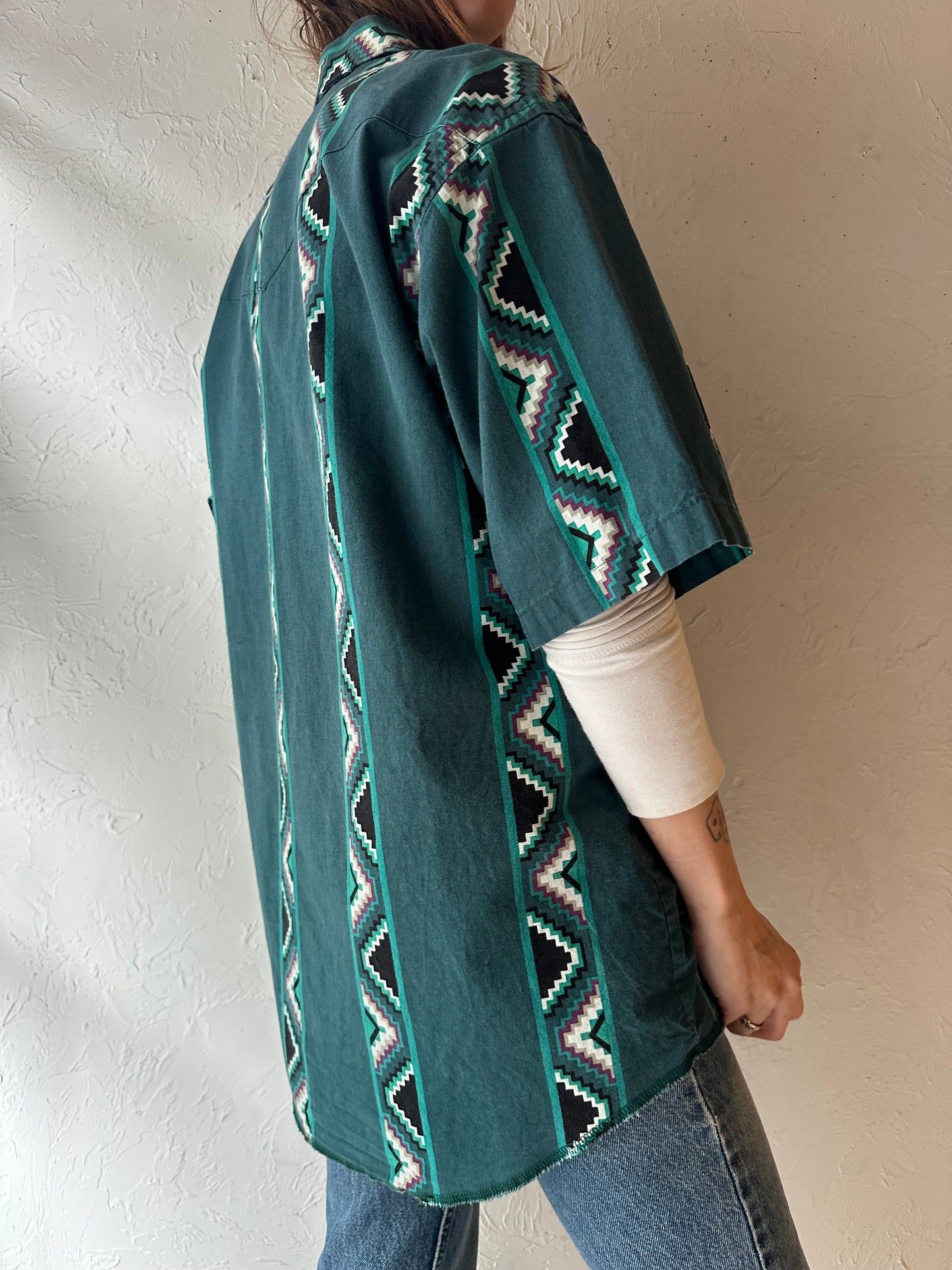 80s 'Wrangler' Green Aztec Short Sleeve Shirt / Medium