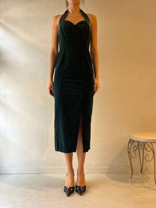 80s 'Kelso' Green Velvet Halter Midi Dress / Medium