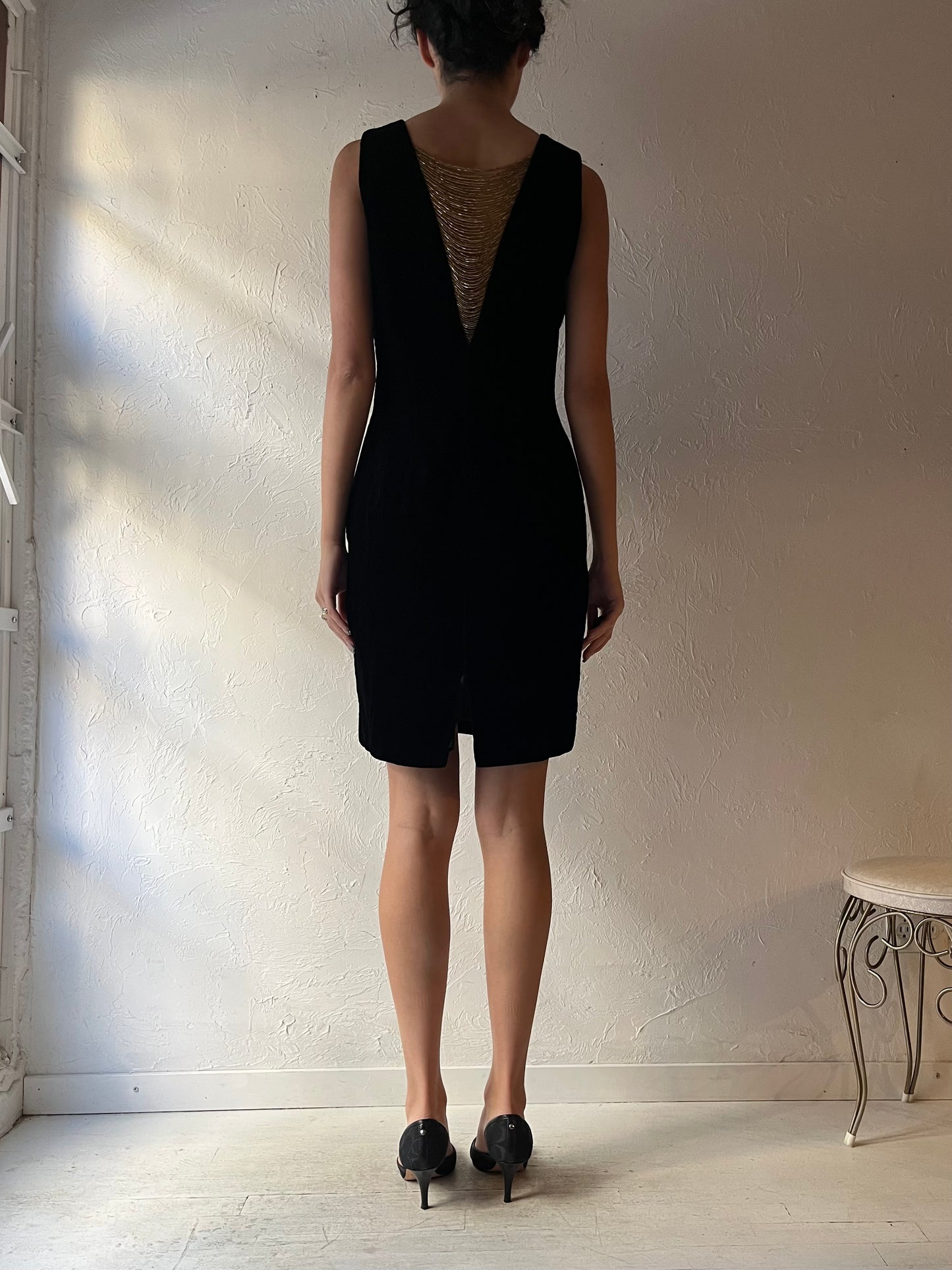 80s 'Algo' Black Velvet Beaded Dress / Medium