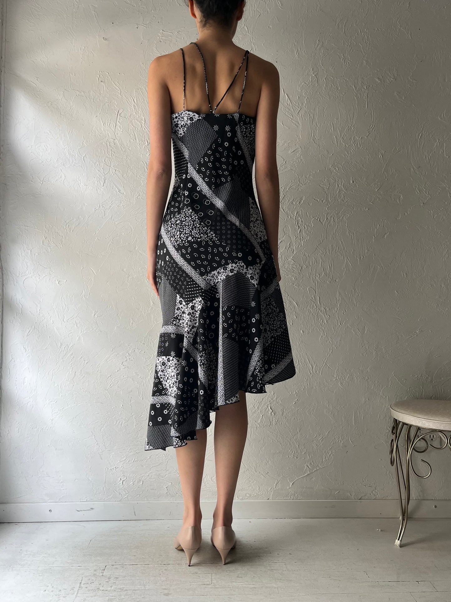 90s 'Jessica' Black Asymmetrical Patchwork Dress / Medium