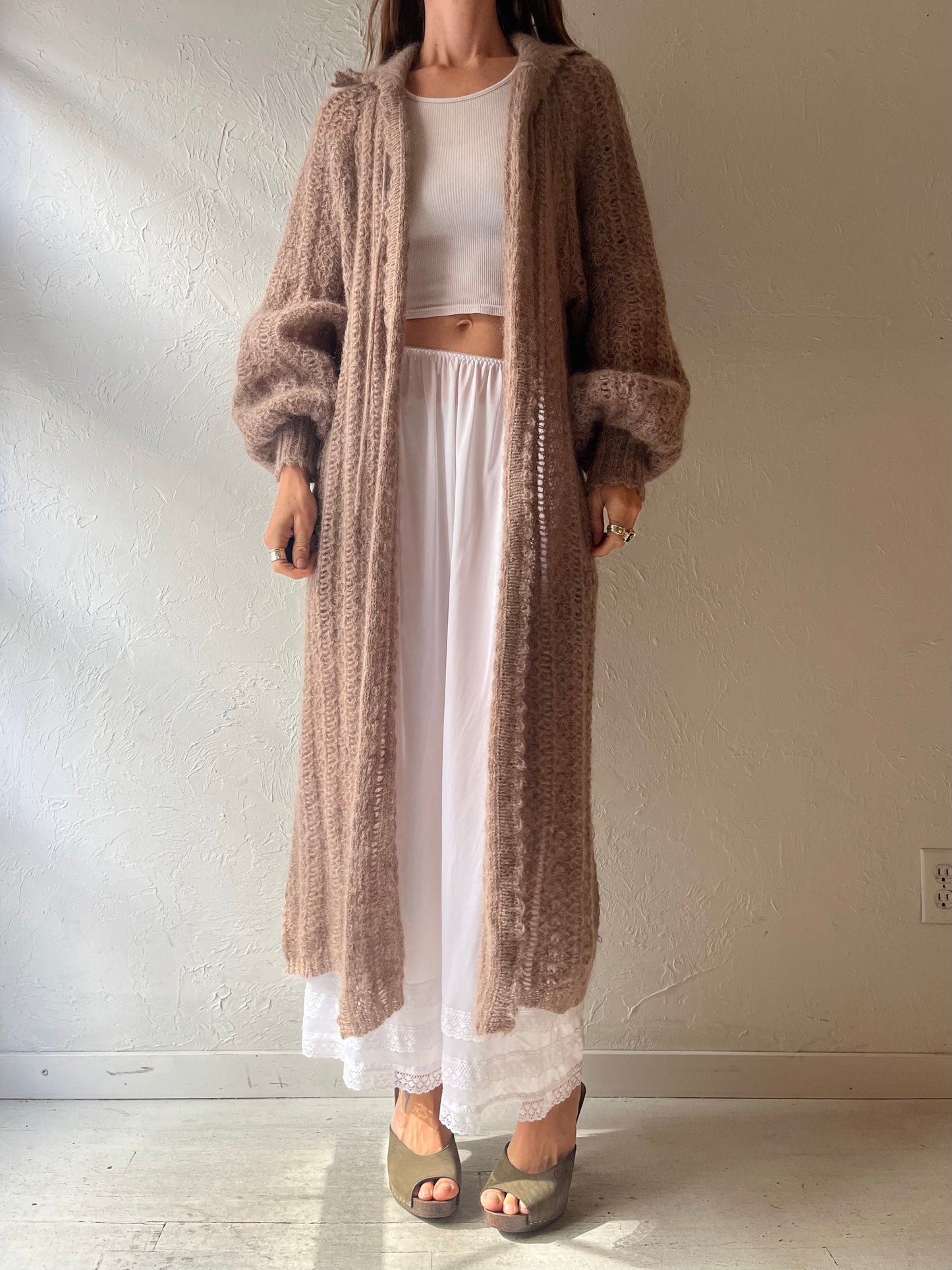 Vintage Taupe Mohair Knit Duster Cardigan Boho Cottagecore Maxi Sweater / Small - Medium