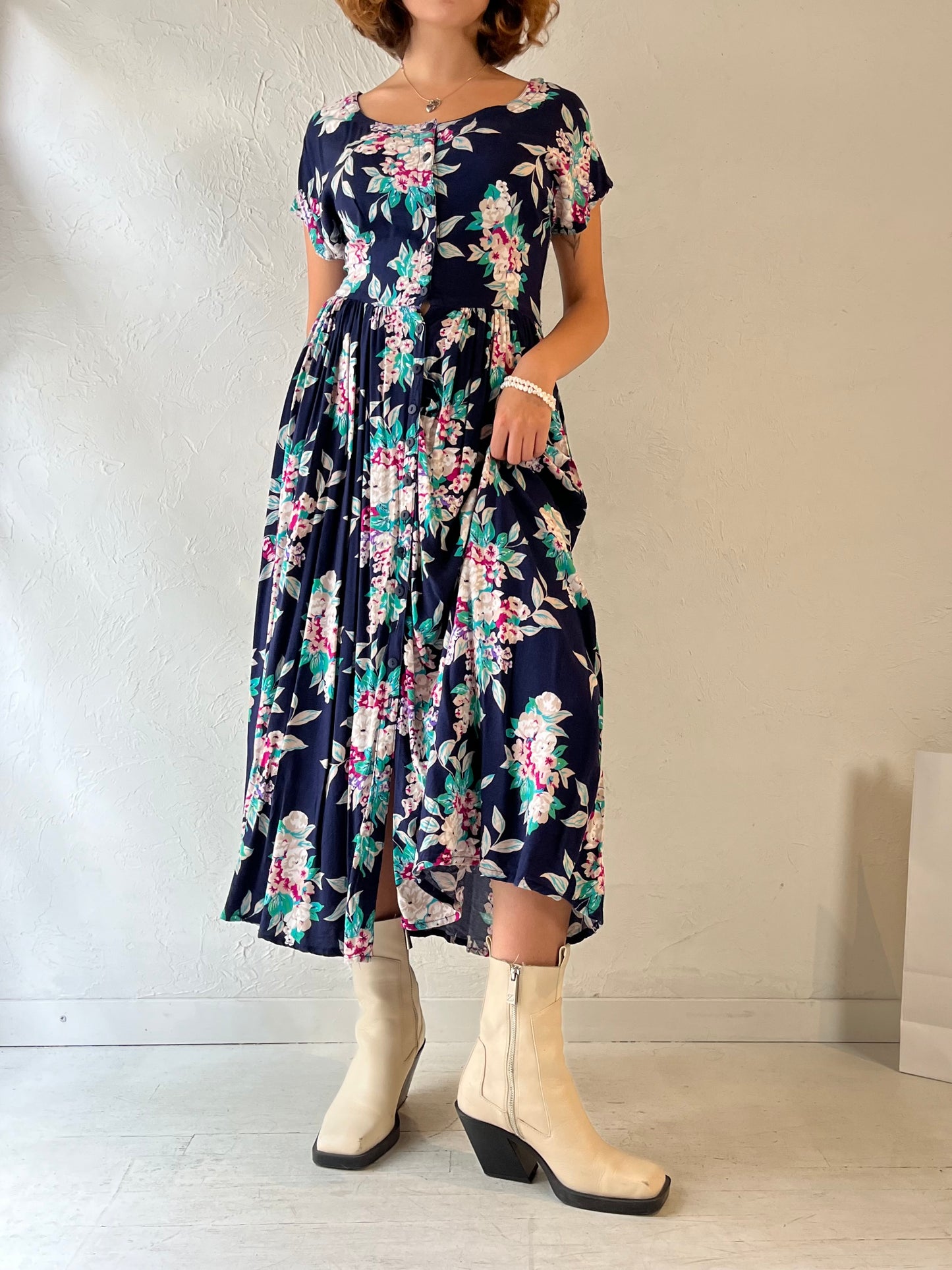 90s 'Cypress' Button Up Floral Print Dress / Medium