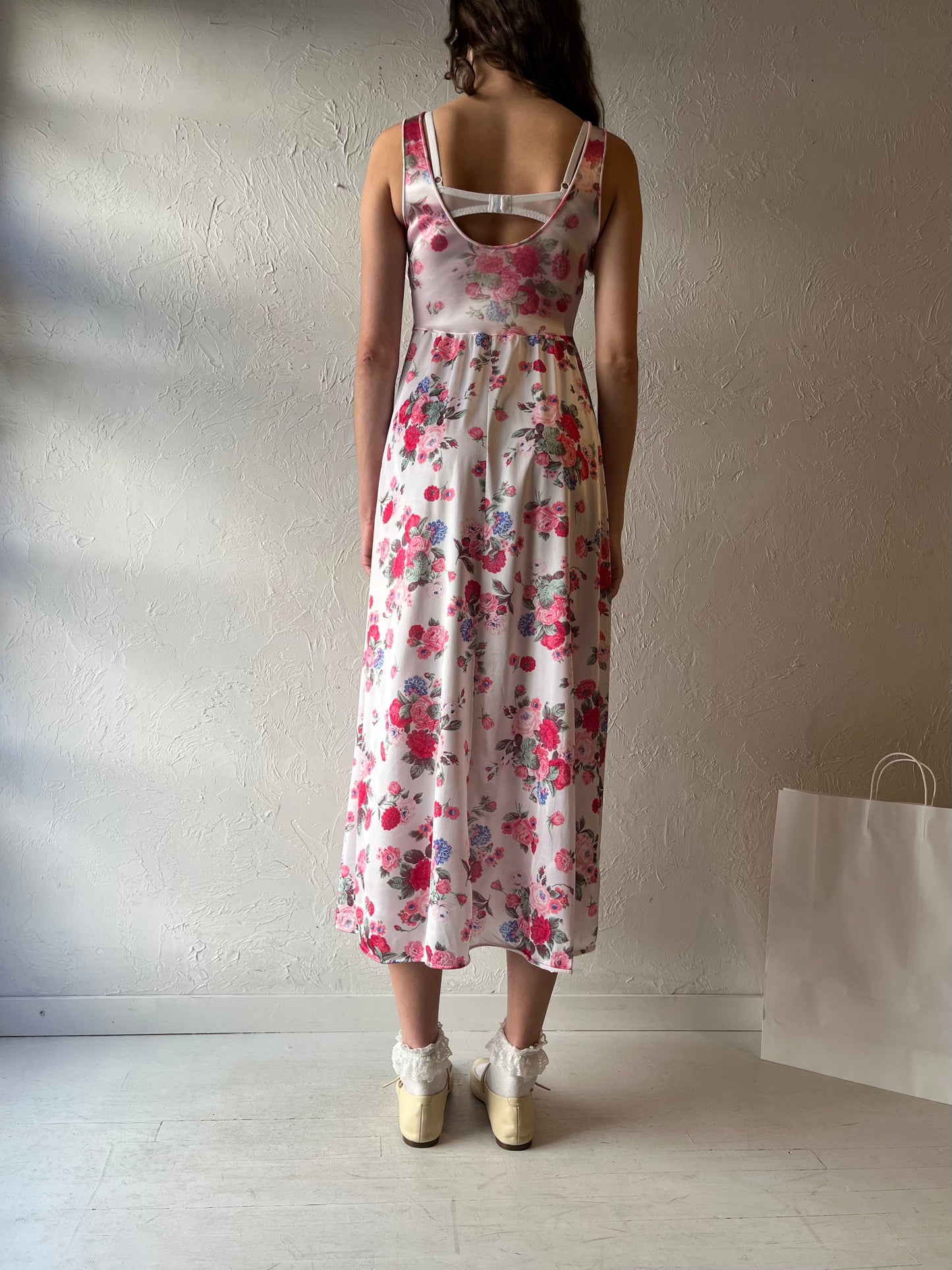 70s 'Olga' White Floral Slip Dress / Small