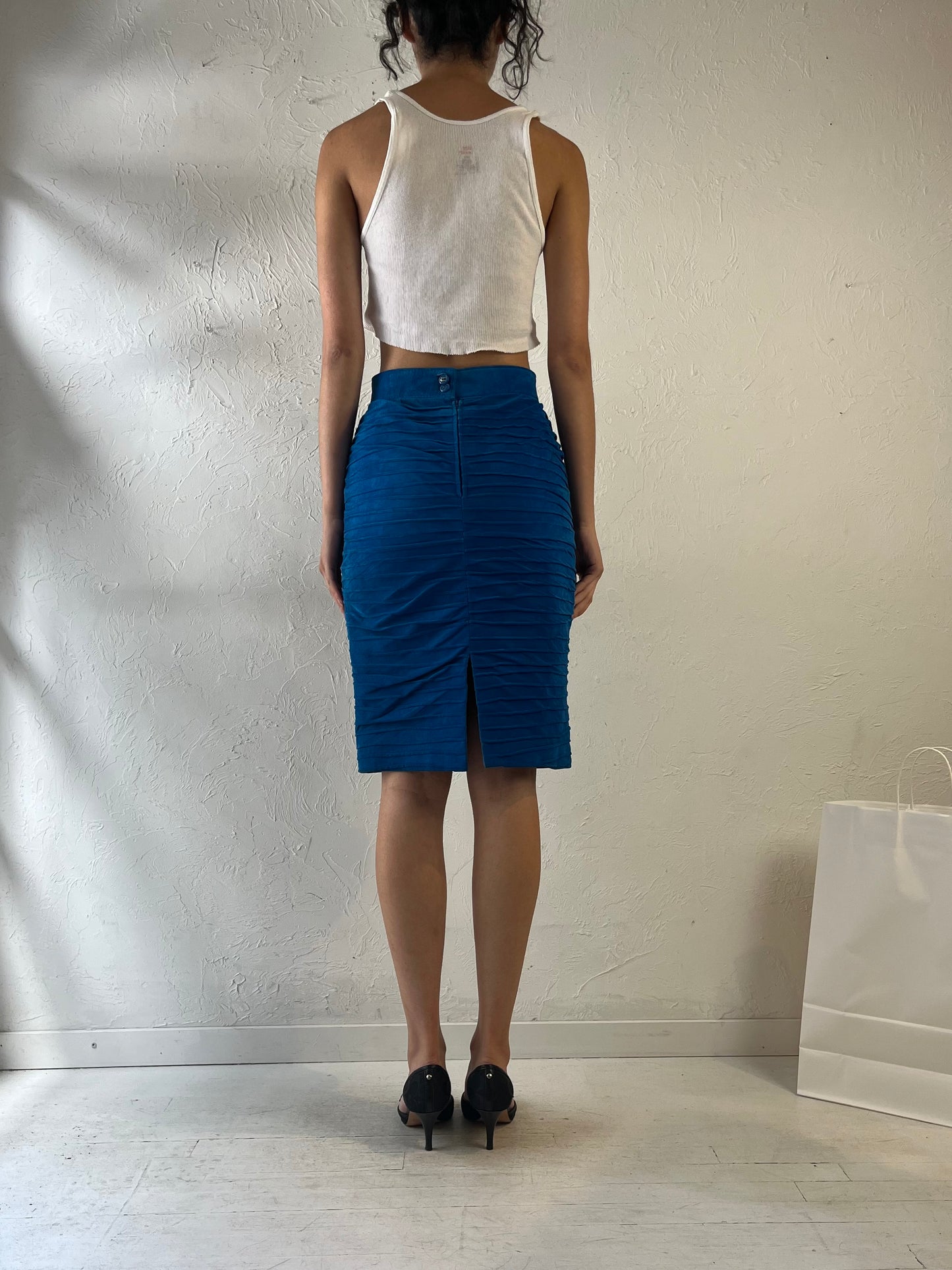 80s ‘Old Mill’ Blue Leather Pencil Skirt / Small