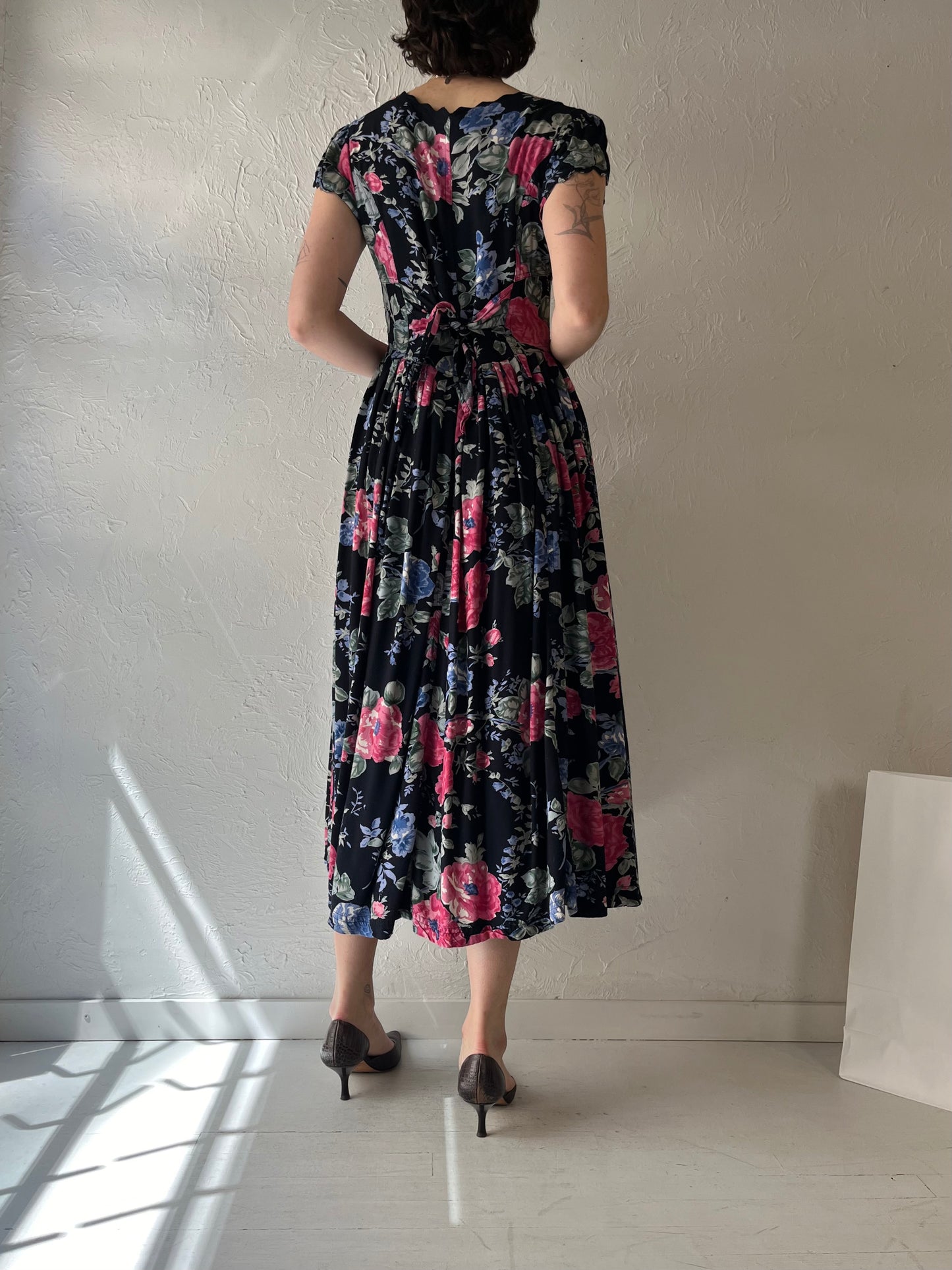 90s 'Europa' Floral Print Rayon Dress / Small