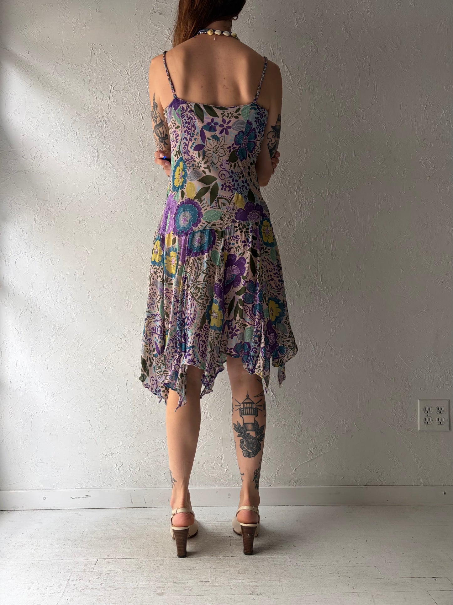 Y2k 'Eva Blue' Beaded Floral Print Midi Dress / Medium