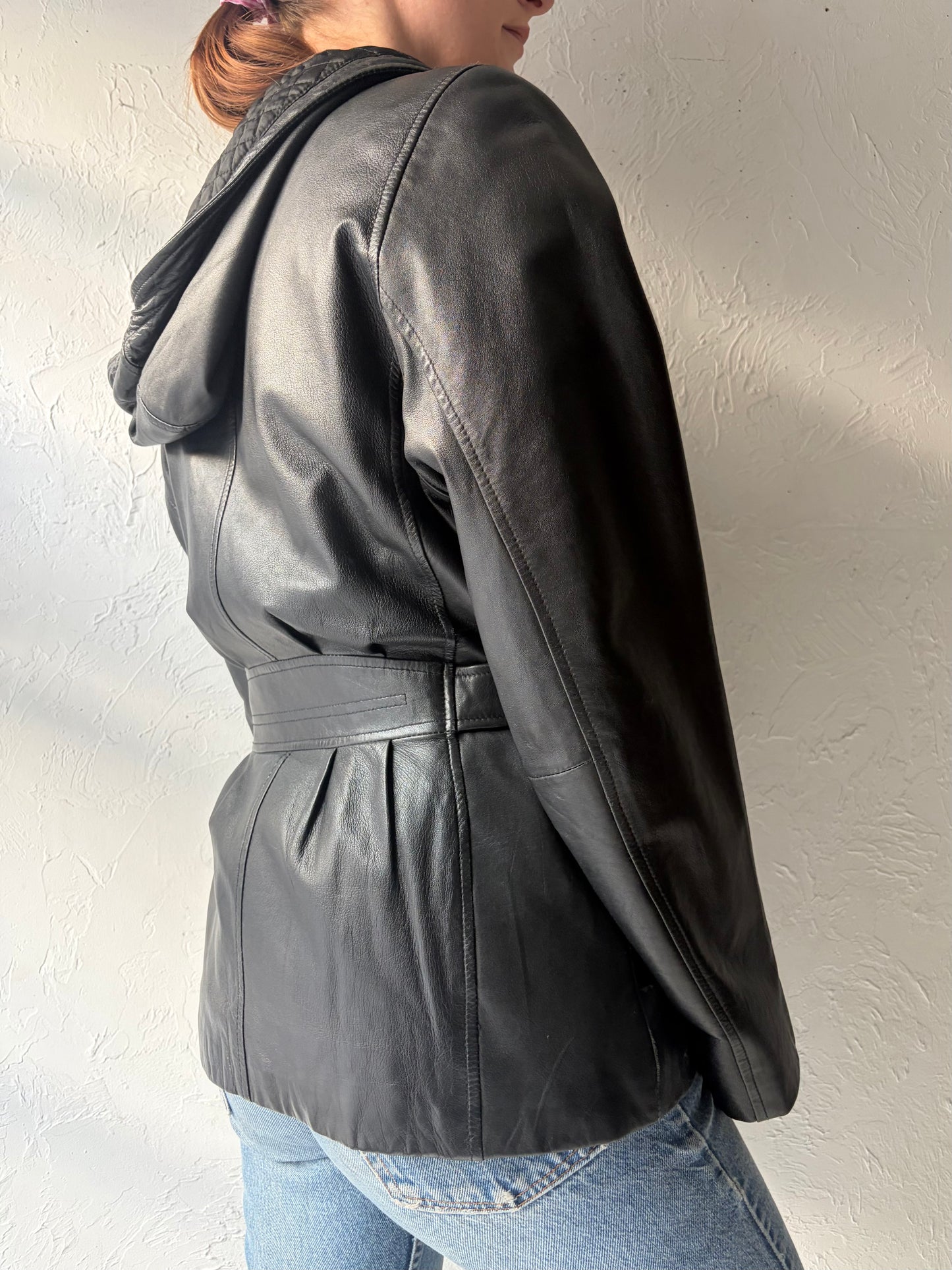 Y2k 'Maurices' Black Leather Hooded Minimalist Jacket / Vintage 2000s Zip Up Grunge Streetwear Outerwear / Medium