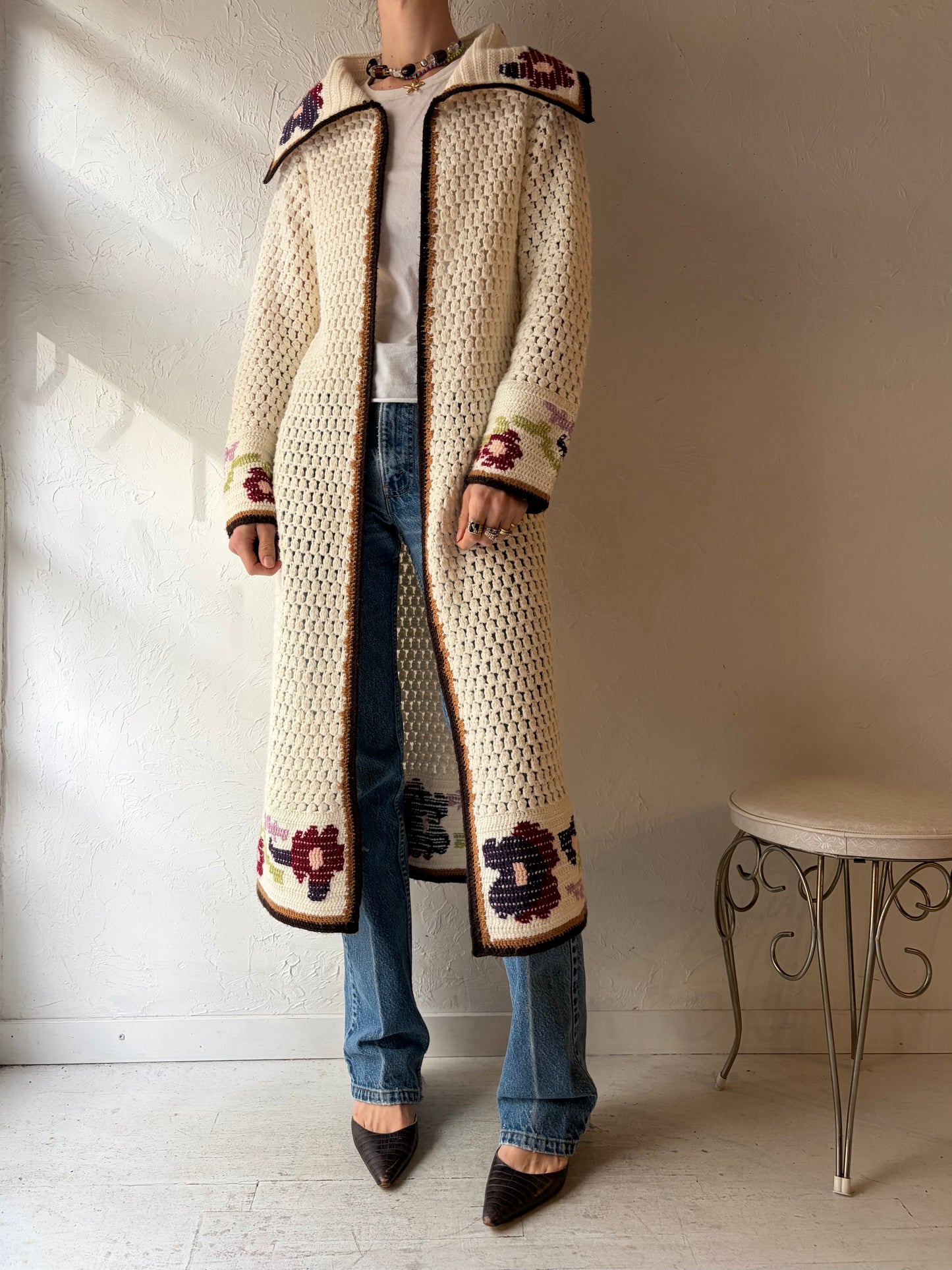 Vintage Handmade Crochet Cardigan Duster Sweater / Small