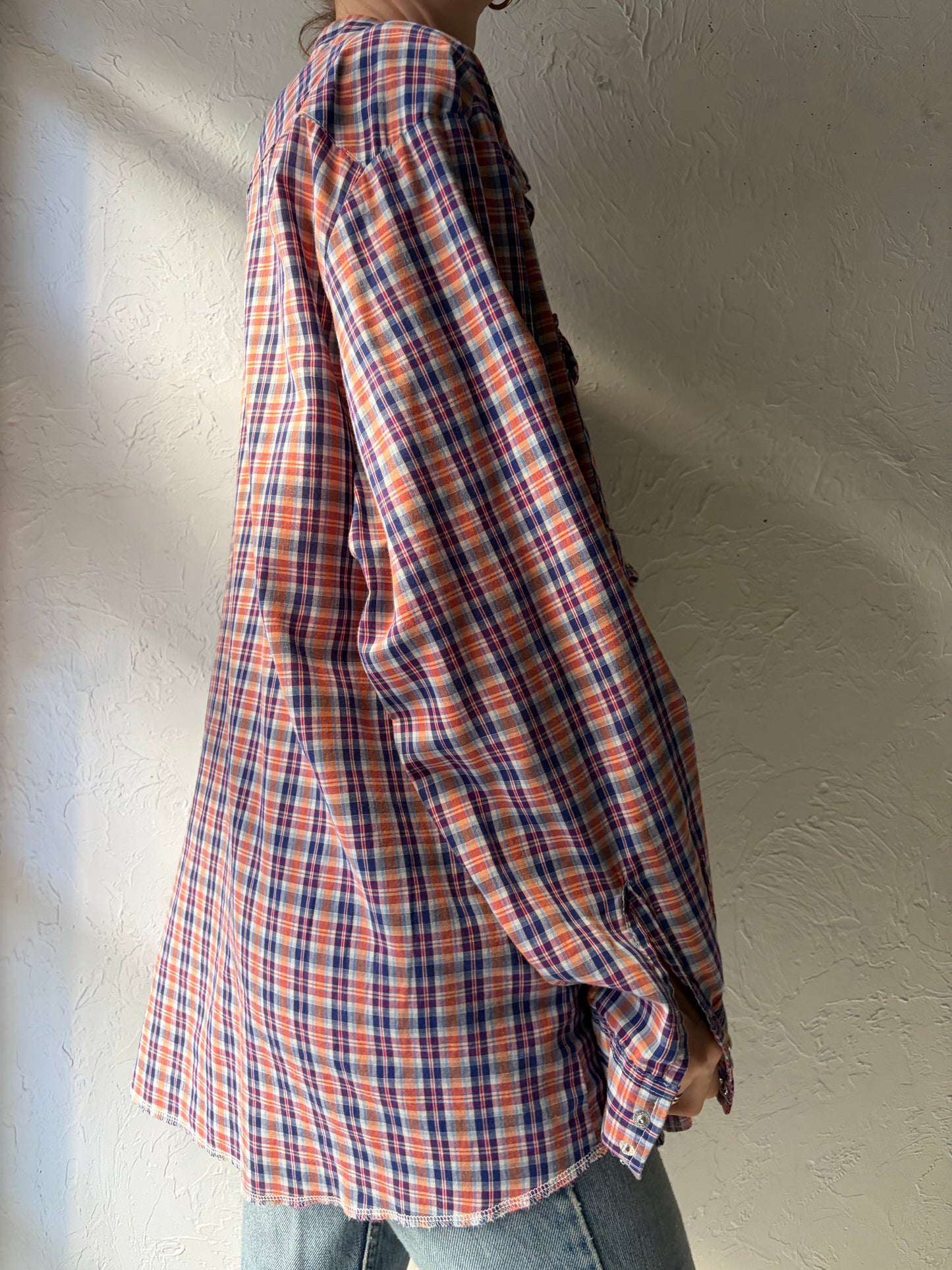 90s ‘Wrangler' Blue Plaid Snap up Western Shirt / XL