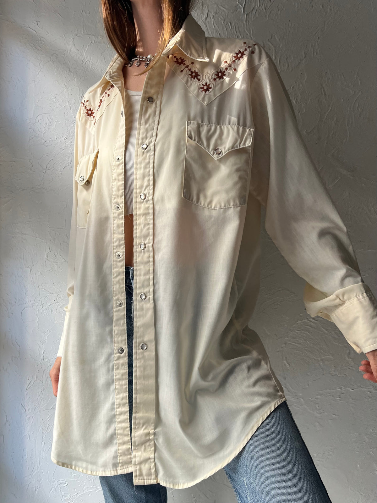 Y2k 'MWG' Cream Embroidered Western Cowboy Workwear Snap Up Shirt / Large