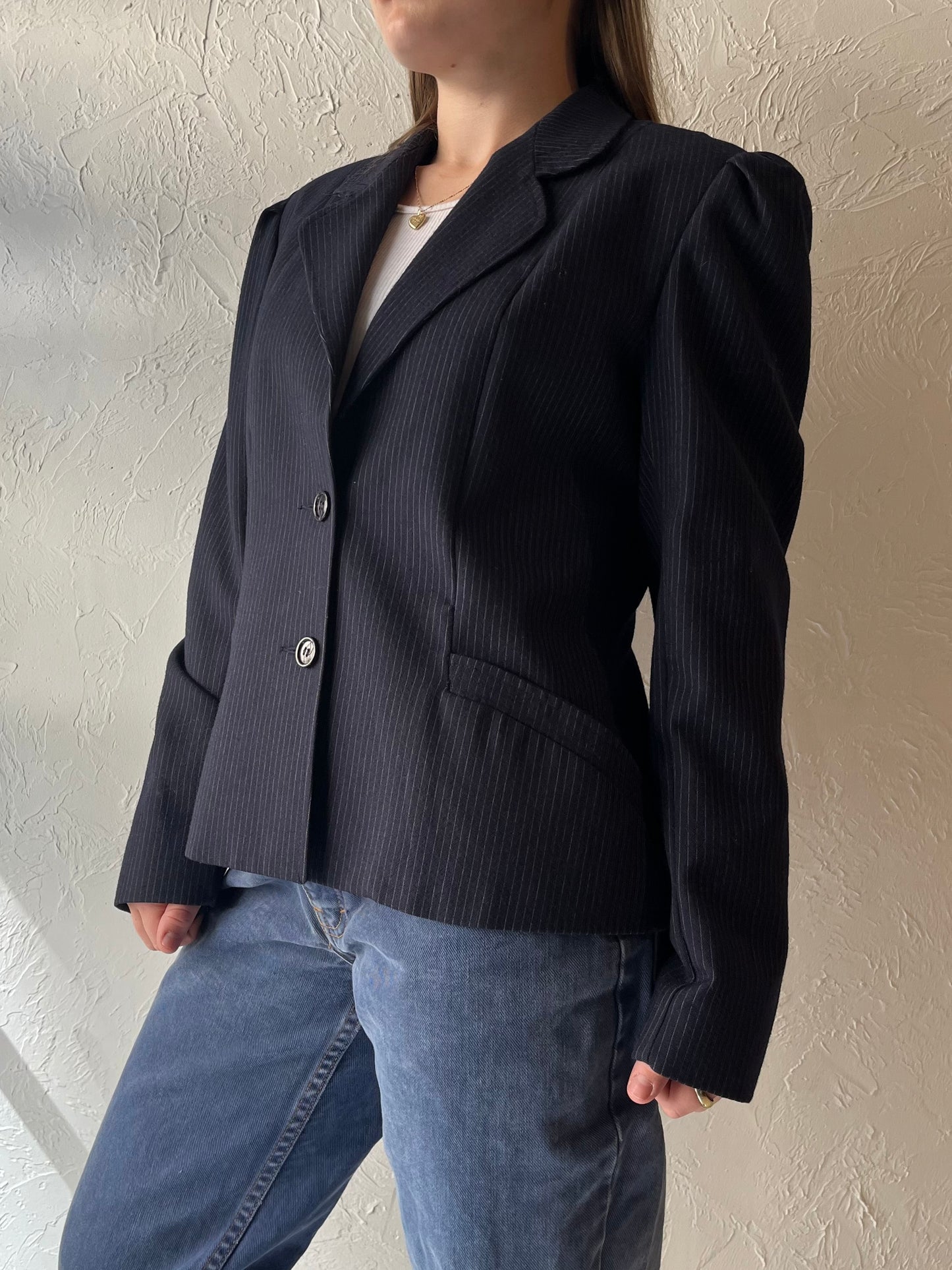 70s 'Sears' Navy Blue Pinstripe Wool Blazer Jacket / Union Made / Medium