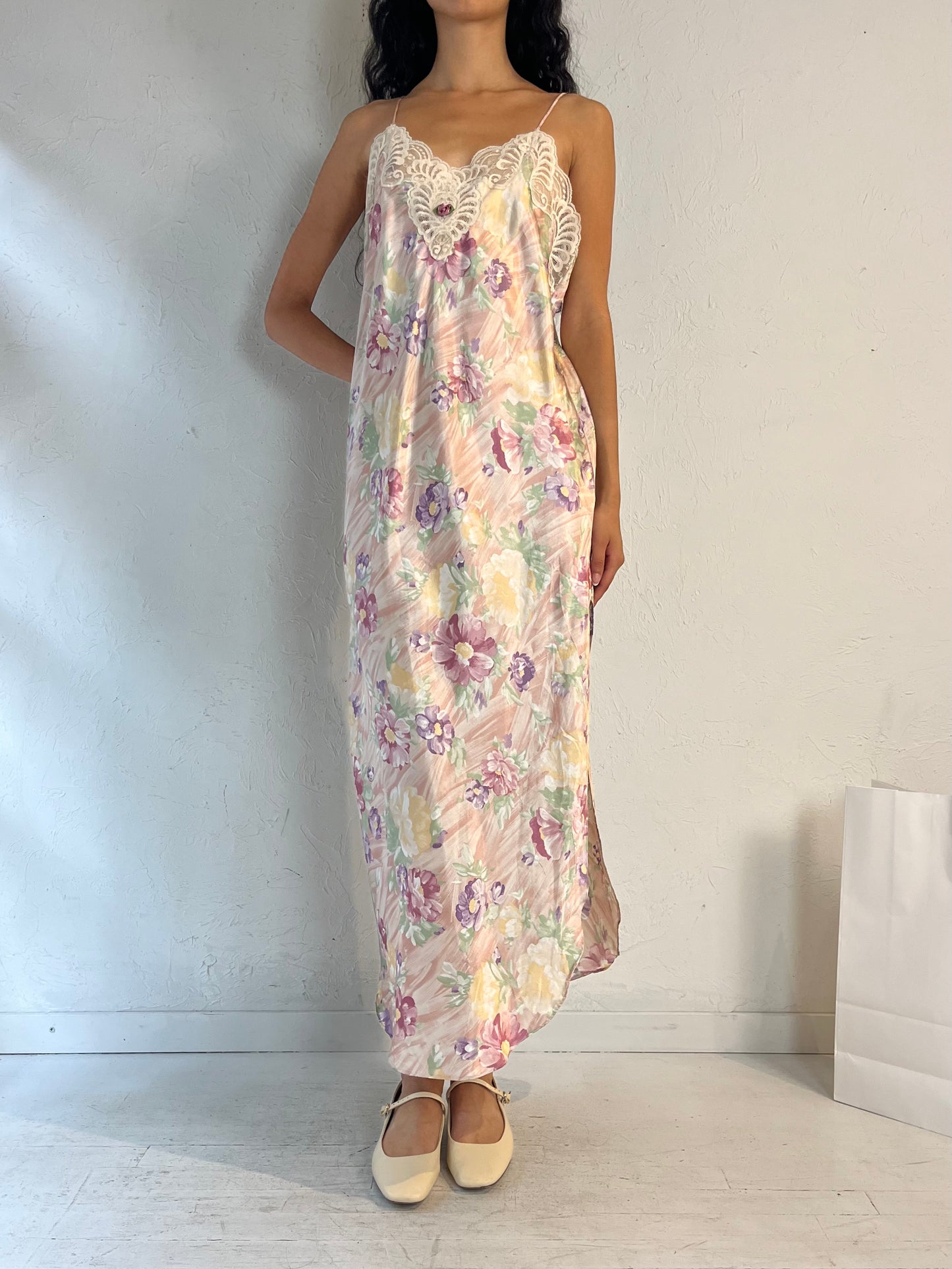 90s 'California Dynasty' Floral Slip Dress / Medium